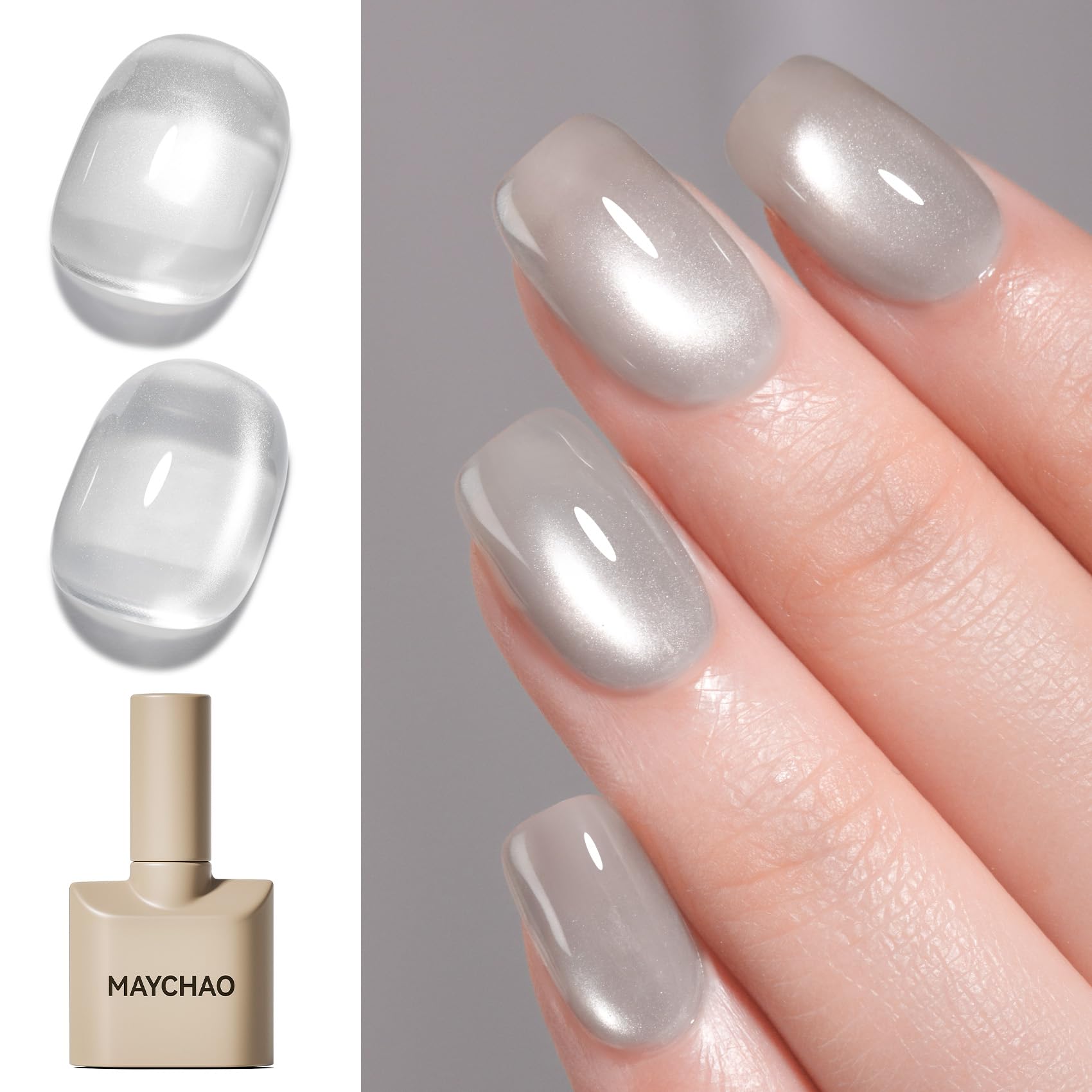 MAYCHAO 15ML Silk Silver Cat Eye Gel Nail Polish 1Pc Moonlight Silver Gel Polish with Magnet Soak off Holographic Magnetic Nail Polish for Nail Art Manicure Salon DIY at Home, 0.5 OZ