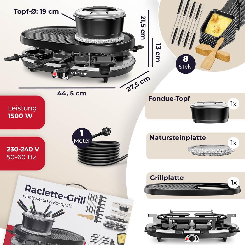 KESSER® Griglia per Raclette 3in1 con pietra naturale per grigliare, piastra per grigliare e fonduta, griglia da tavolo per 8 persone, griglia elettrica da raclette piastra antiaderente