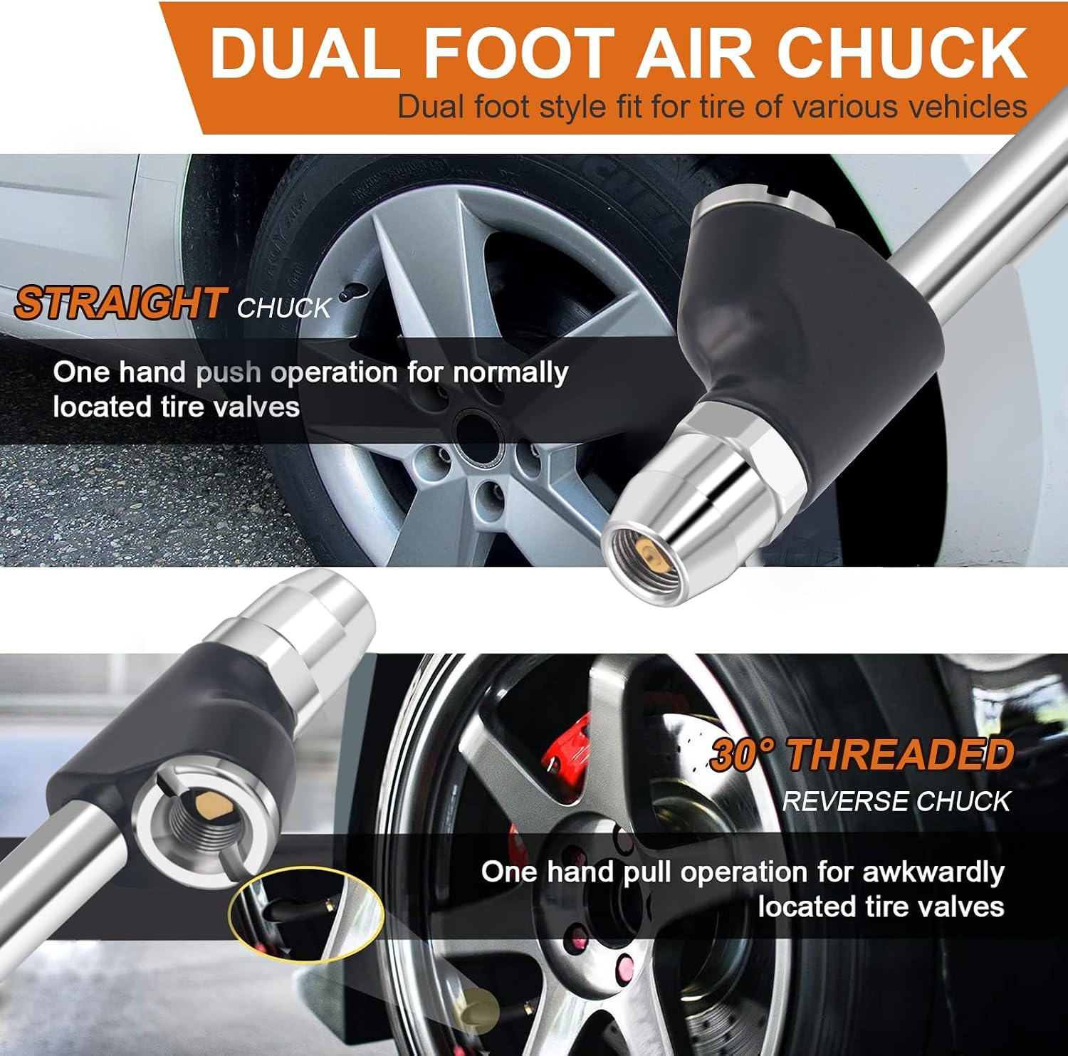 SAFELIFE 15-1/6" Extended Dual Head Air Chuck for Semi Trucks Dually Tires, 1/4" FNPT Heavy Duty Lock On Tire Inflate Chuck w/Quick Plug