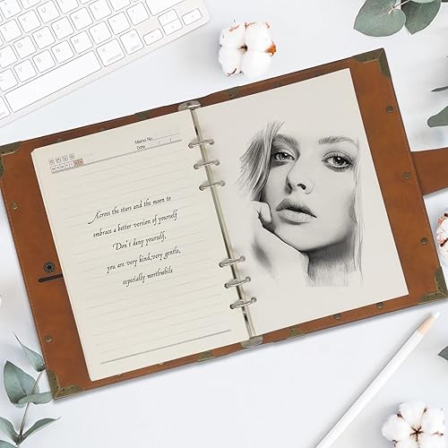 Miniatura 5 de Cuaderno A5 de cuero forrado con 12 marcadores, 6 anillas, planificador A5, cuaderno recargable, bloc de notas, diarios de escritura para niñas,