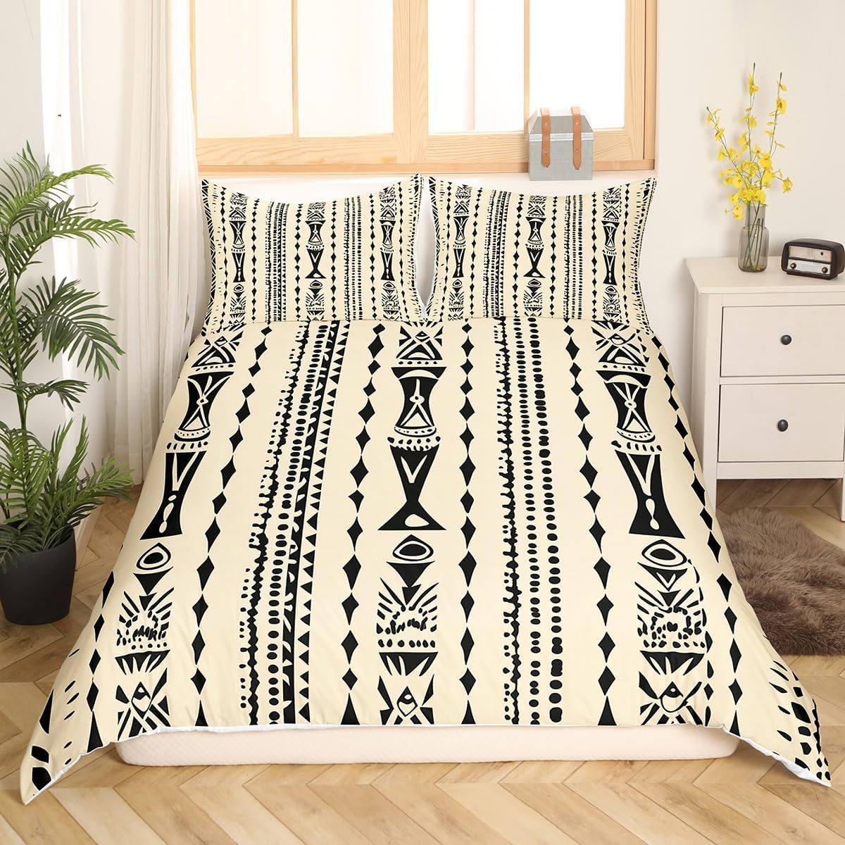 Manfei Exotic Tribal Stripes Duvet Cover Set Toddler Size,Geometric Lines Bedding Set(No Comforter),Ethnic Style Quilt Cover for Kids Bedroom Decor,2 Pcs