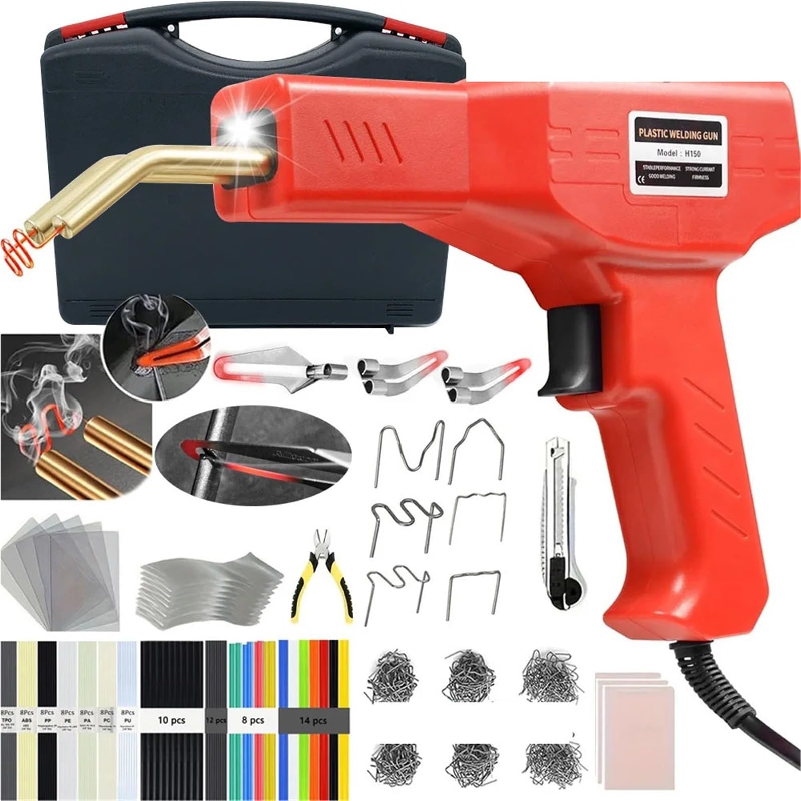 Saldatrice per plastica 220W / 50W Kit di saldatura per plastica 2 in 1, pinzatrice a caldo, pistola per saldatura, kit di riparazione paraurti auto(1325Pcs)