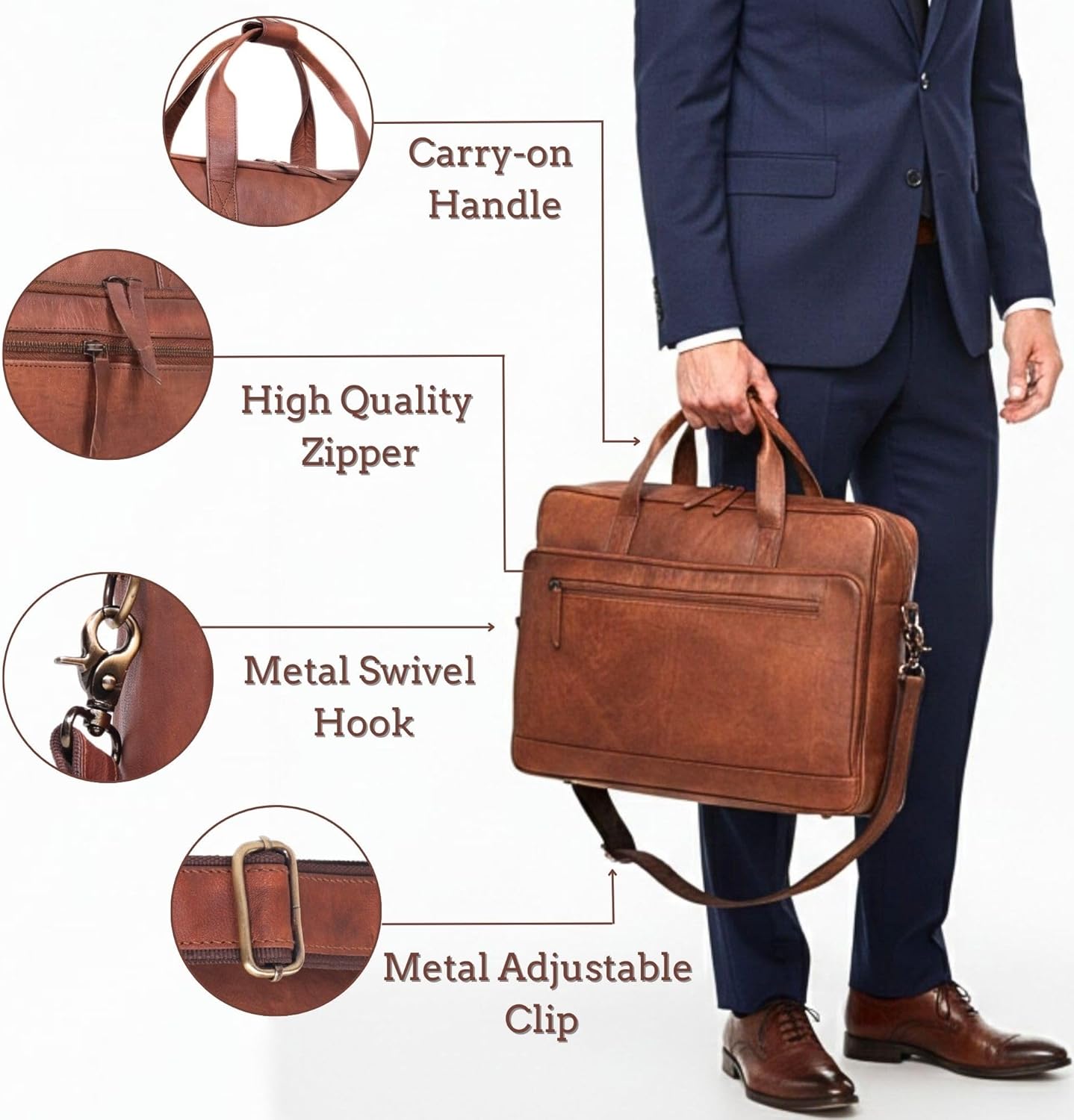 17-inch Genuine Leather Laptop Briefcase for Men and Women – Brown Leather Messenger Bag for Professional Work, Office, College & Travel Computer Laptop Bag
