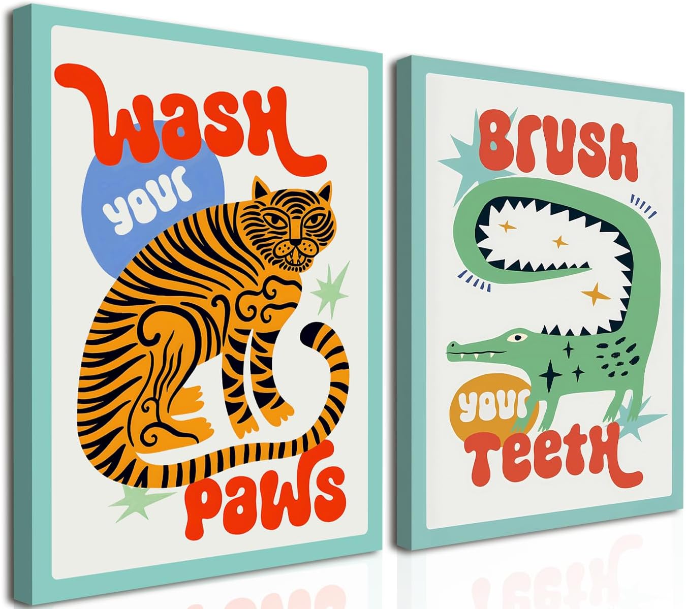 Funny Kids Bathroom Wall Art, Cute Animal Bathroom Wall Decor Paintings, Eclectic Tiger Wash Your Paws Sign Poster Canvas Prints for Toilet Restroom Framed 16x24 inch