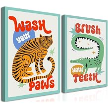 Funny Kids Bathroom Wall Art, Cute Animal Bathroom Wall Decor Paintings, Eclectic Tiger Wash Your Paws Sign Poster Canvas Prints for Toilet Restroom Framed 12x16 inch