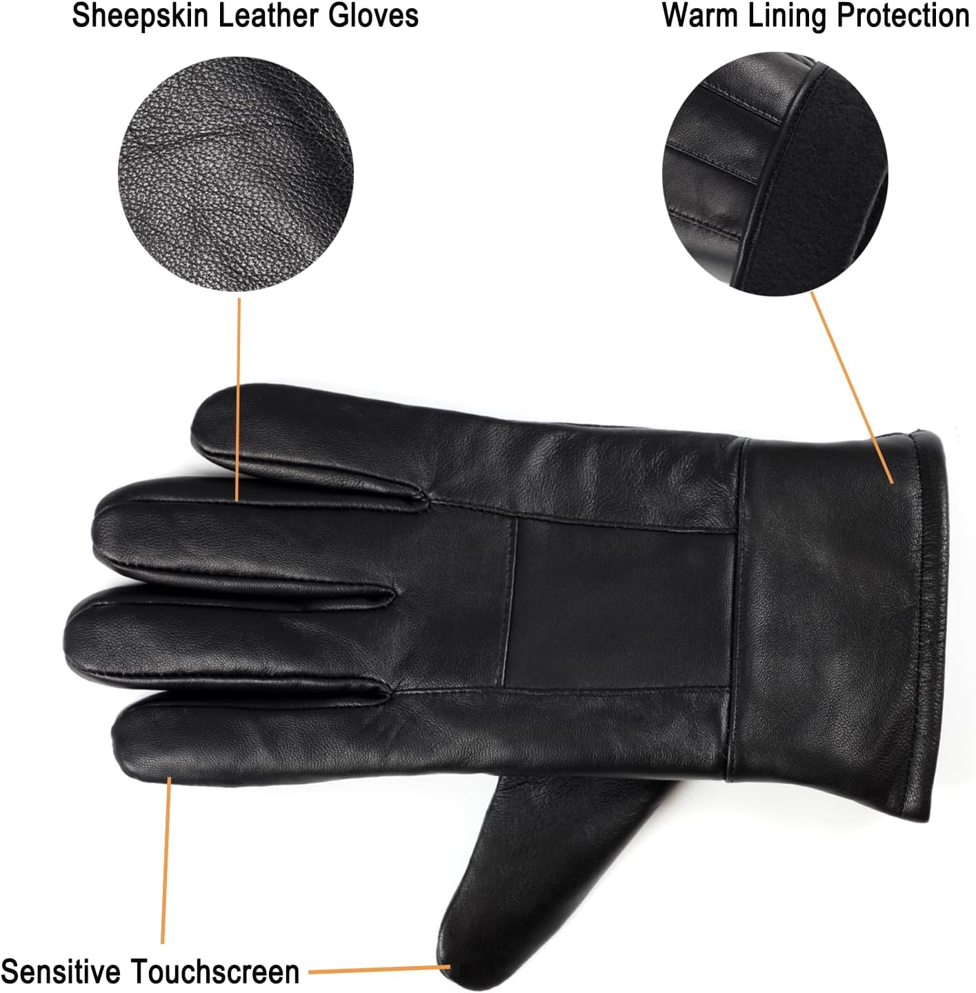 DOOWELL Winter Genuine Sheepskin Leather Gloves for Men,Black Touchscreen Glove,Driving Motorcycle Gloves with Warm Lining - Image 4