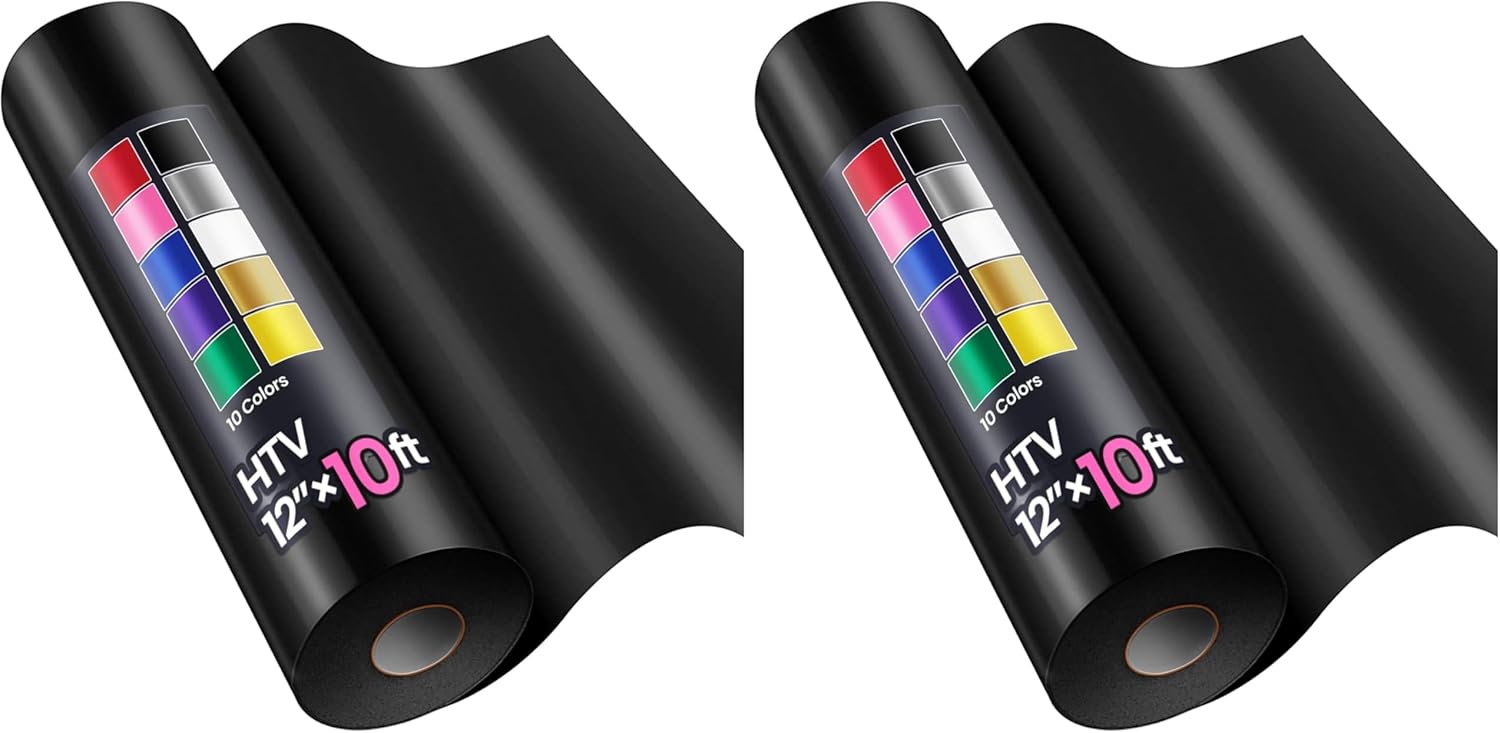 12" x 10ft Heat Transfer Vinyl HTV Rolls Black, Sooez HTV Vinyl for T-Shirt, Iron on Vinyl, Easy to Cut & Weed for DIY Heat Vinyls Design (Pack of 2)