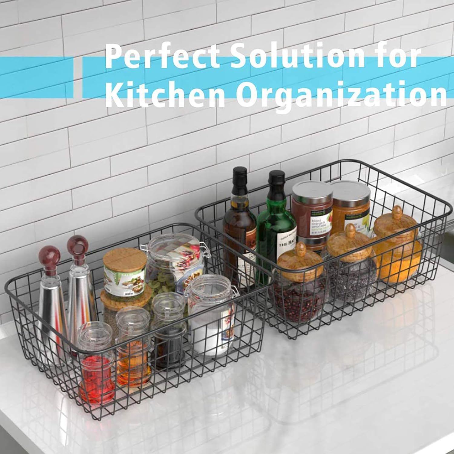 Wire Storage Baskets, F-color 4 Pack Wire Baskets, Black Metal Basket Pantry Organizer Storage Bin Baskets for Kitchen Cabinet, Freezer, Bathroom,Garage