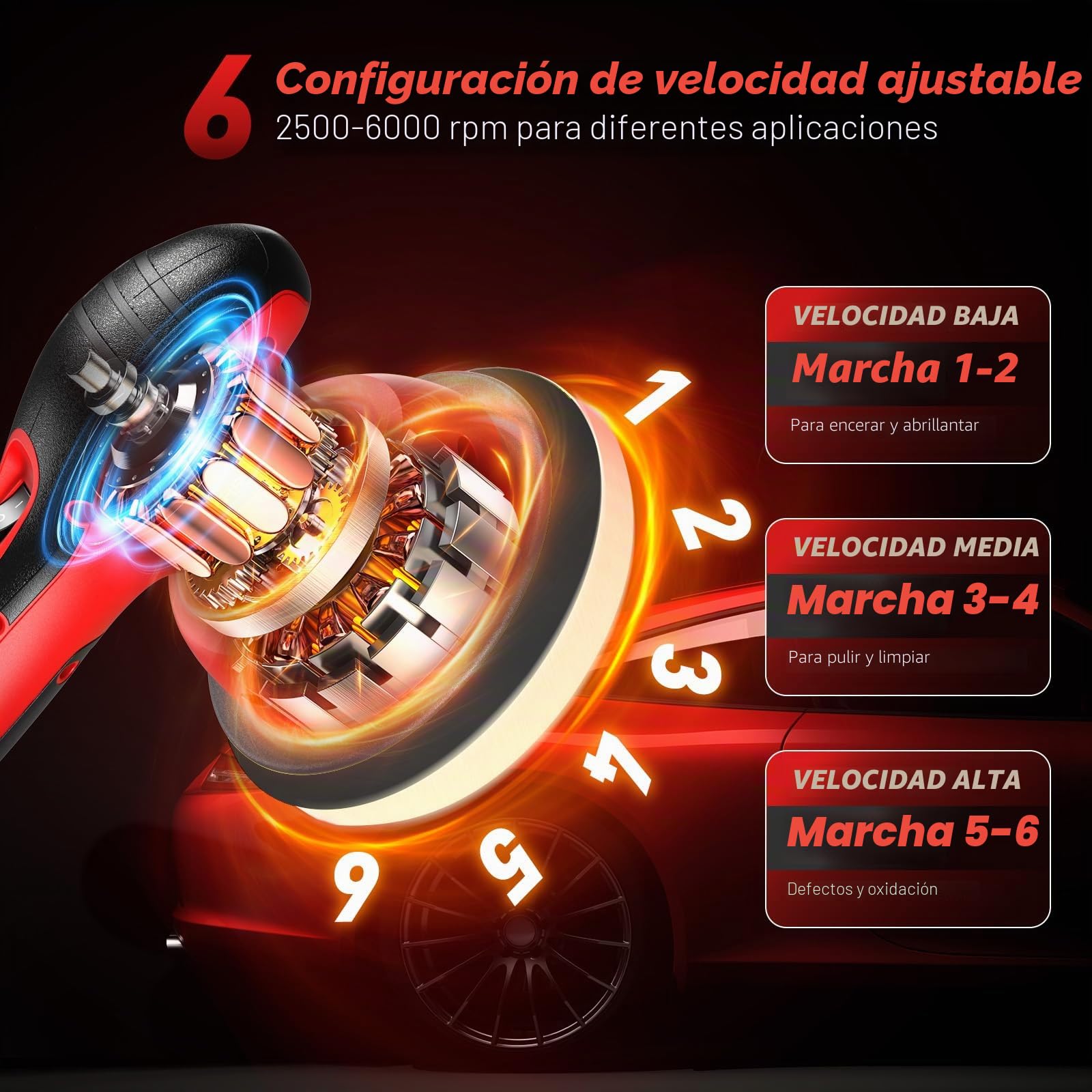 Pulidora de Coche Inalámbrica kit de Almohadillas y Pulidores de Coche 6", Ideal para Pulido, Encerado y Detallado de Vehículos