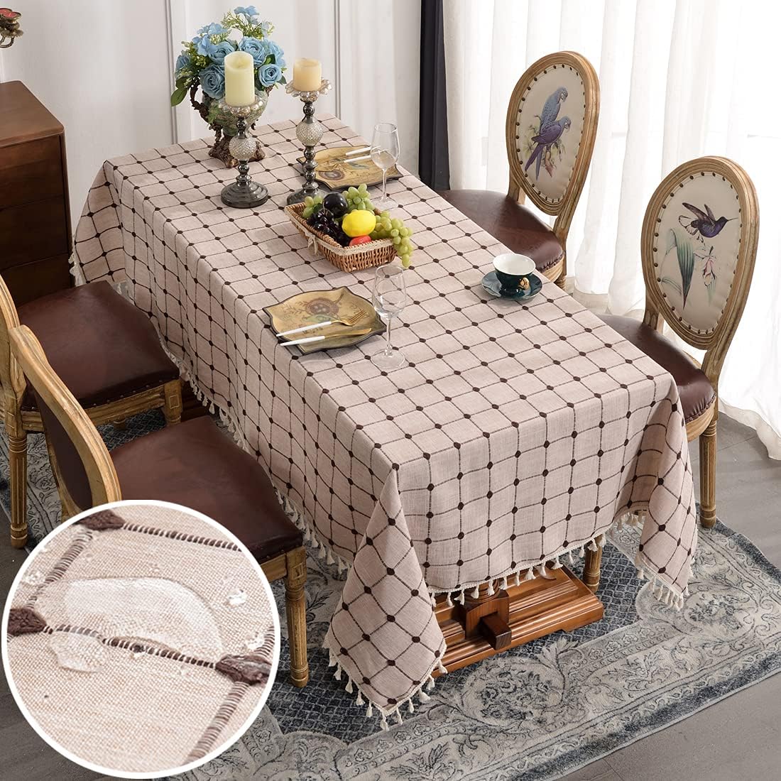 Bonnorth Embroidery Cotton Linen Tablecloth Rectangle with Tassel, Farmhouse Spill-Proof Dust-Proof Checkered Table Cover,Washable Decorative Table Cloth for Kitchen, Dining Room (60"x120" Coffee)