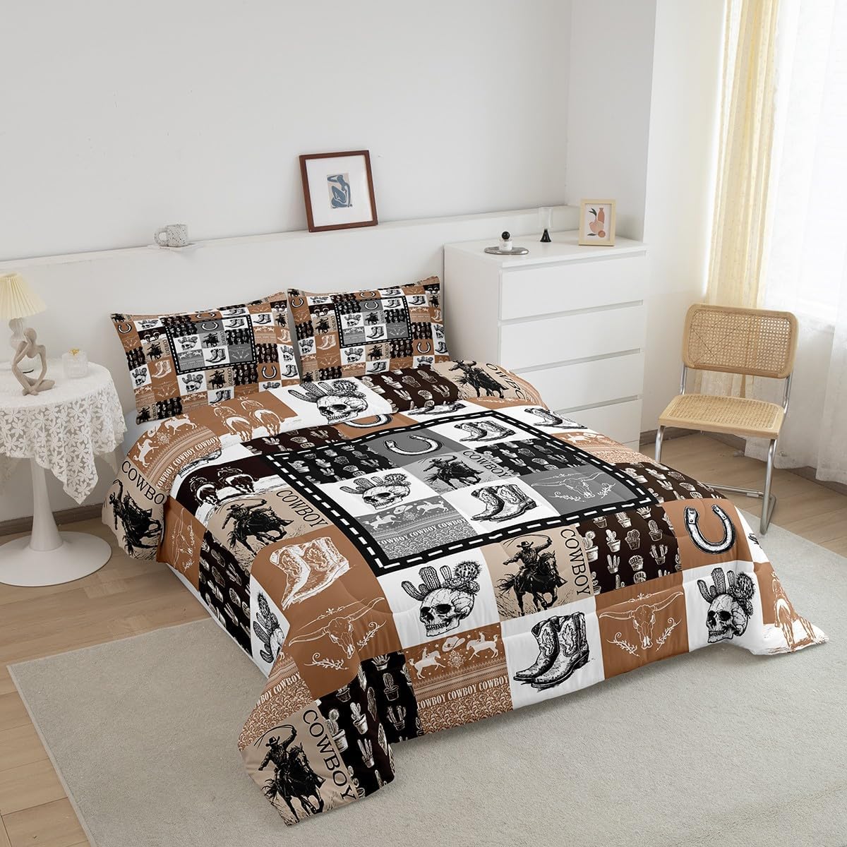 Erosebridal Western Cowboy Queen Comforter Set, Skull Horse Bedding Set, Boho Southwestern Country Hunting Wild Animal Quilt, Horseshoe Cabin Retro Rustic Lodge Plaid Check Adventure Comforter
