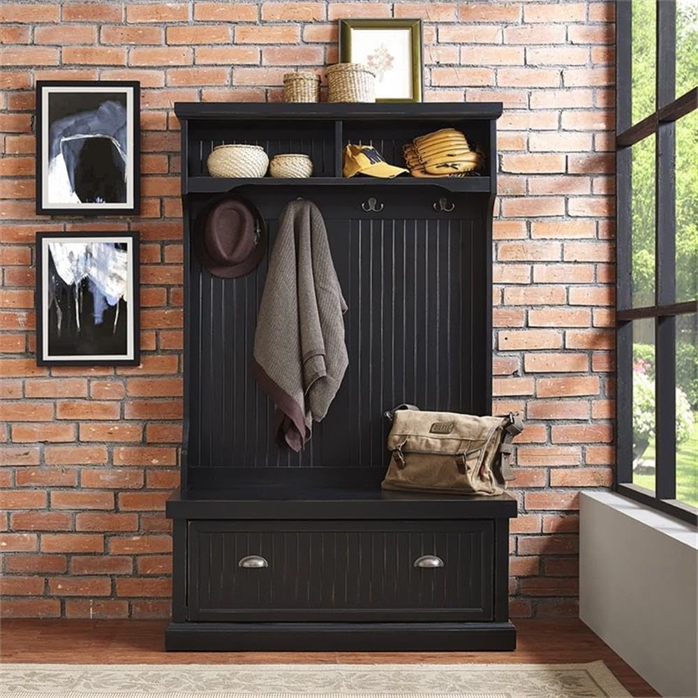 Pemberly Row Coastal Wood Hall Tree, Distressed Black Finish, 64.5" H x 40" W x 18.5" D, Storage Bench with Double Hooks, Slatted Back, Rustic Entryway Organizer for Coats, Hats, Shoes