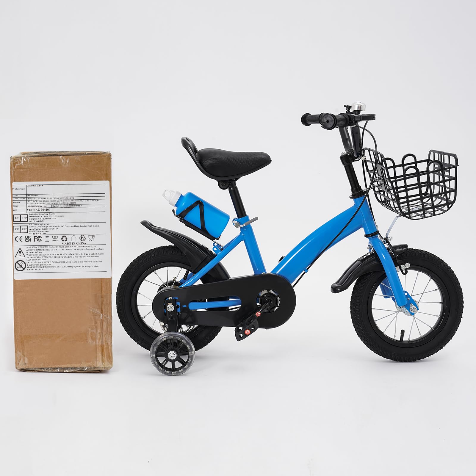 Bicicleta infantil de 12 pulgadas para niños y niñas, 2-5 años, altura ajustable, con ruedas estabilizadoras, cesta y botella de agua, freno delantero y trasero, protector de cadena, rueda