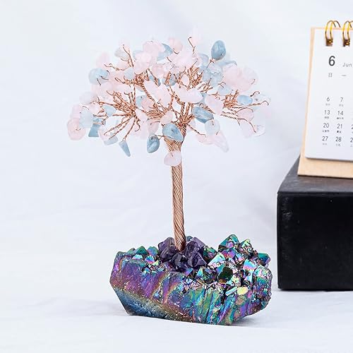 Miniatura 5 de mookaitedecor Árbol de cristal de cuarzo rosa y aguamarina en racimo de cristal de titanio arcoíris, árbol de la vida para la buena suerte,