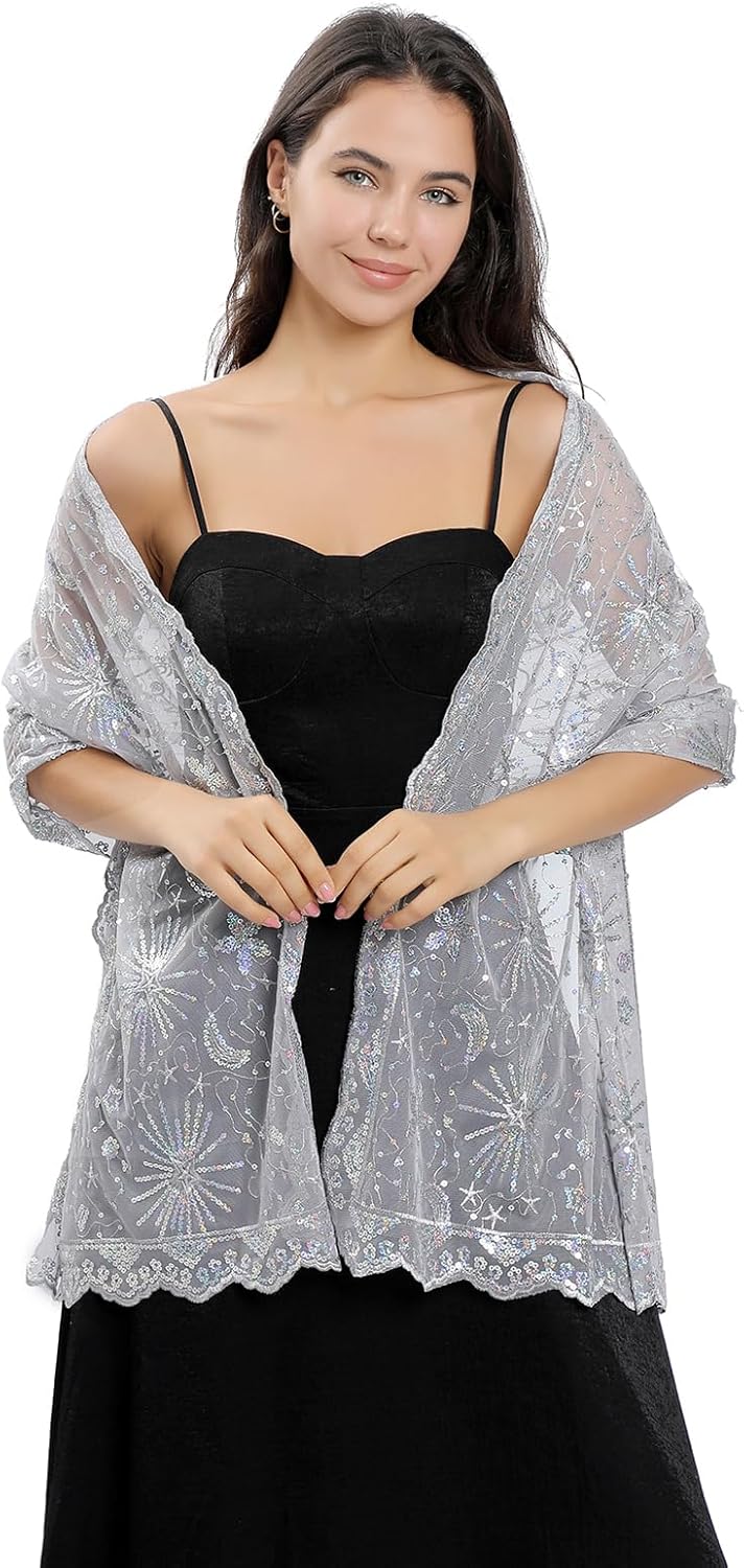 Baoqiya Women's Sparkling Sequin Deco Wedding Scarf for Bride 1920s Shawls and Wraps for Evening Party Dress - Image 2