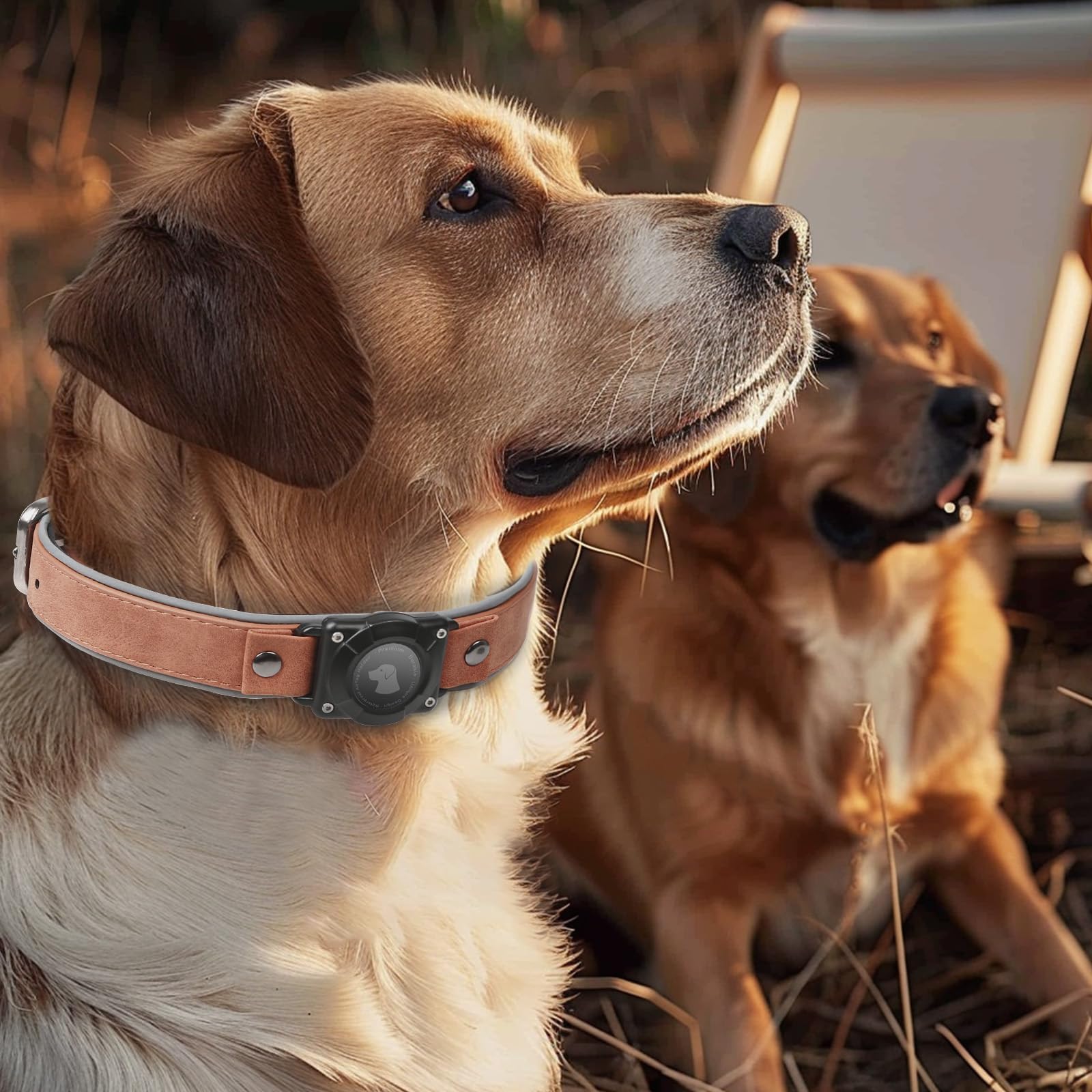 Halsband Hund Leder mit Air Tag Halter, Airtag Hundehalsband IPX8 Wasserdicht, Handgefertigt, Weich und Bequem, Reflektierend, Verstellbare Polsterung, Geeignet für Mittlere Große Hunde (Braun, XL)