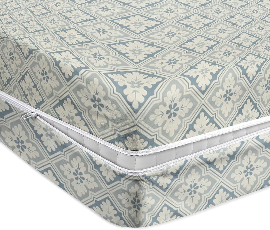 HOMEKART Floral Printed Single Mattress Protector/Cover with Zipper Chain| All Around Protection with 360° Encasing| Breathable & Dustproof, 72x36x6 Inches -White & Grey