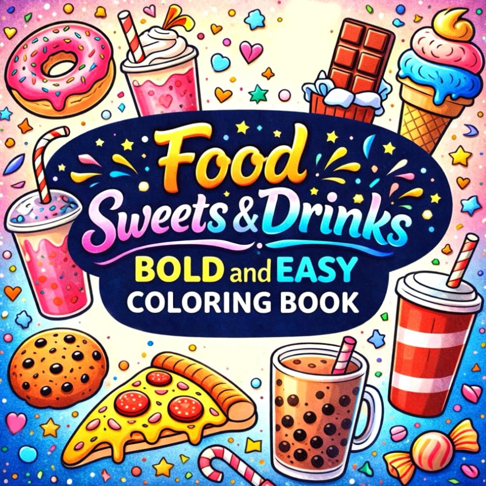 Food, Sweets & Drinks Bold and Easy Coloring Book for Adults and Kids: Simple and Big Designs for Relaxation Featuring a Variety of Foods, Desserts and Beverages