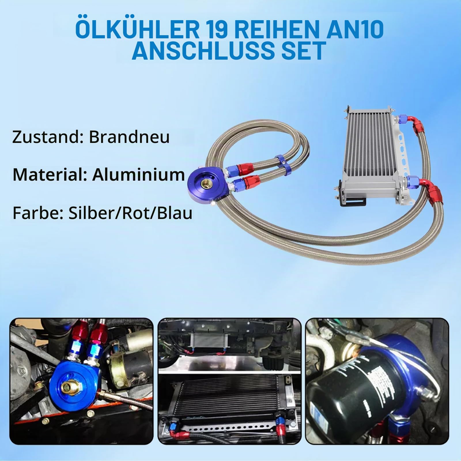 Ölkühler 19 Reihen AN10 Anschluss Set Zusatz Kühlung Extern Oil Cooler Universal Motorkühlung Wasserkühler Ölkühlerkühler Motorölkühler Motorgetriebe Ölkühler mit 2 Ölschlauch Motorkühler