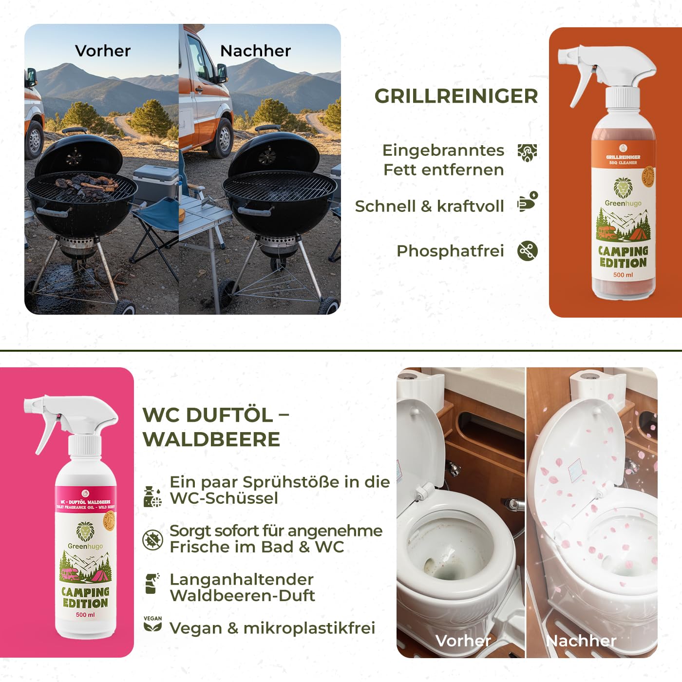 Camping Box – Juego de limpieza premium, 8 piezas, ecológico y vegano, uso general, detergente, limpiador de baño y aseo, detergente, limpiador de barbacoa, idea de regalo para campistas y