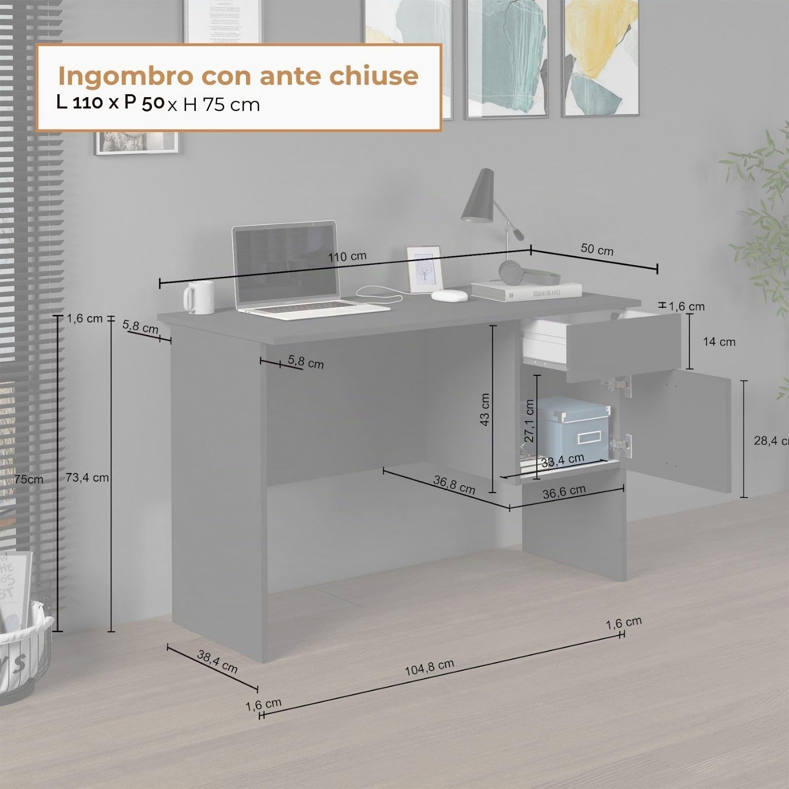 WHOUS Scrivania EASY per Ufficio, Studio o Camera con 1 Cassetto e 1 Anta, Ideale per Adulti e Bambini, 110x50x75 cm, Antracite Opaco