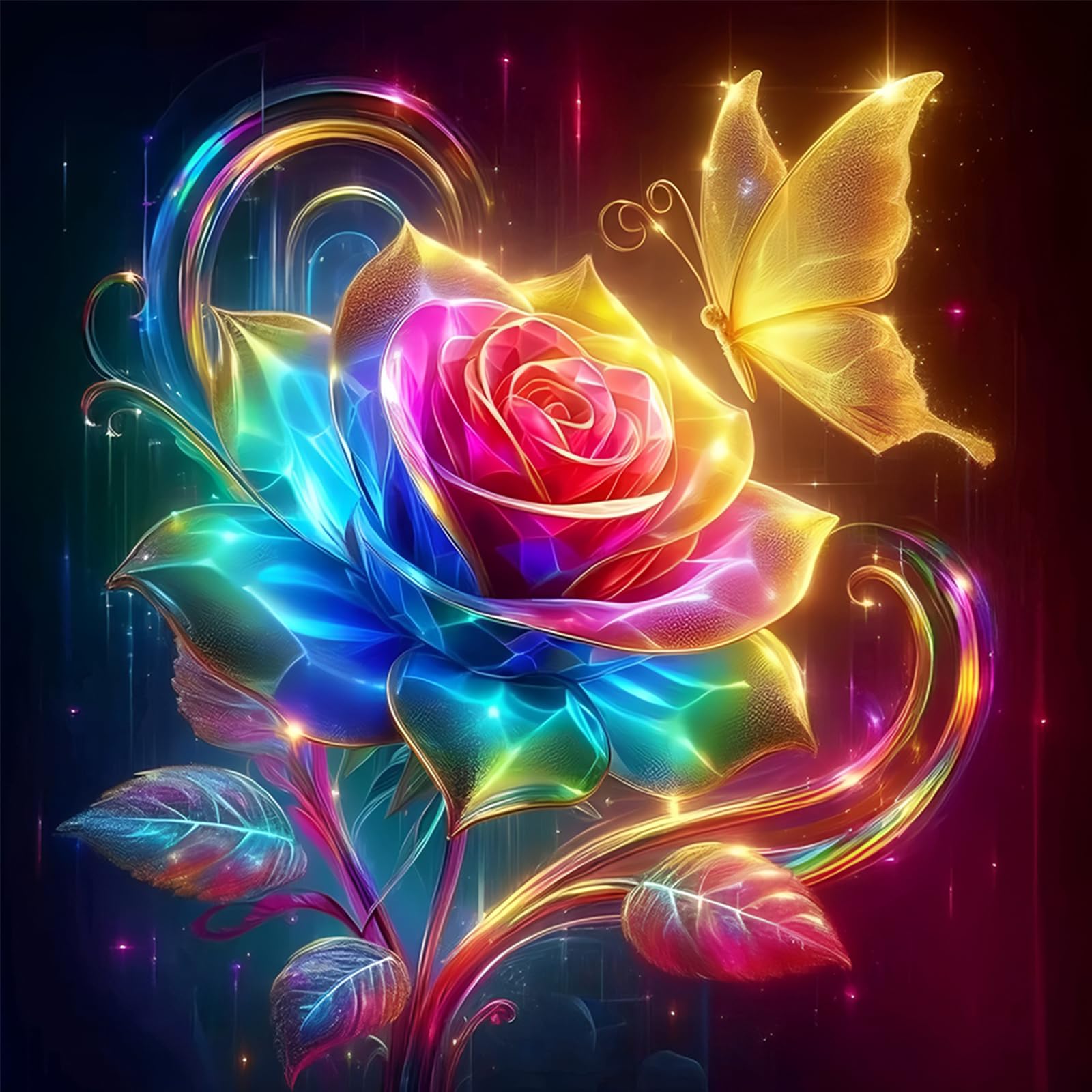 POETRYDRAW Neon Rose Butterfly 5D Round Drill Diamond Art Kit for Adults Beginners Wall Decor Gift 15.75x15.75in