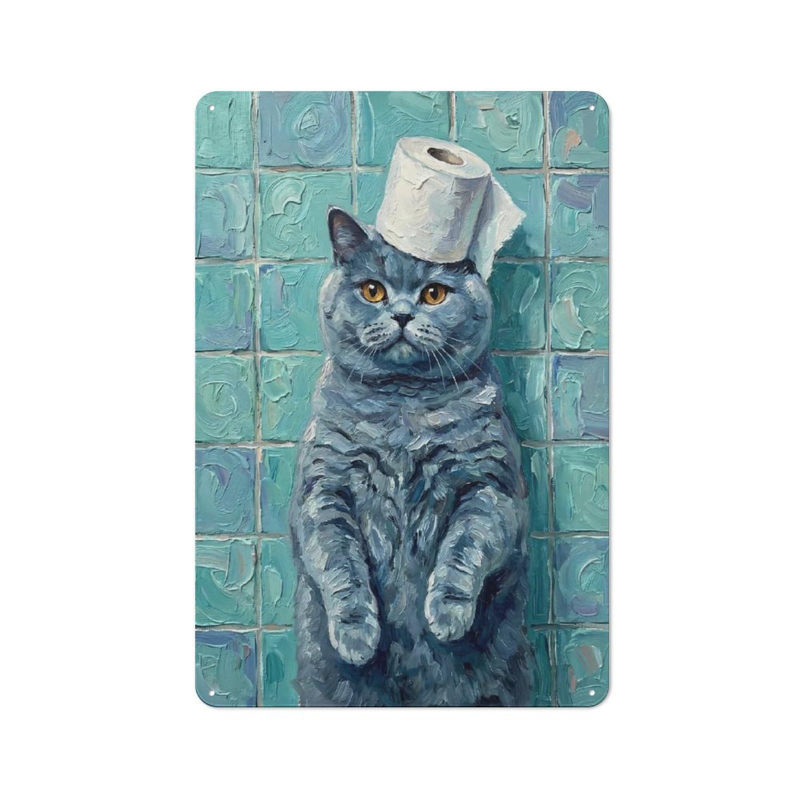 Junmoney Style-22 Tin Wall Plaque 30X20cm With Cat British Shorthair With Toilet Paper For Café Or Restaurant, New Home Wall Decor For Hospitality Interior Collectors