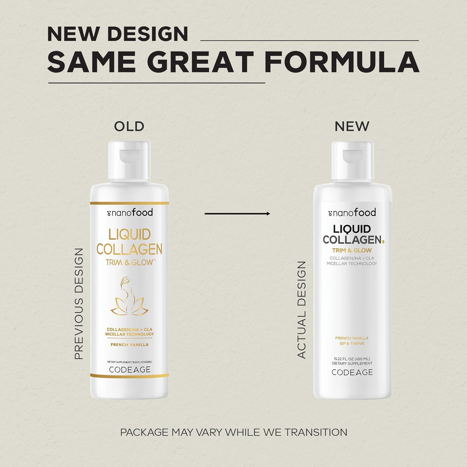 Codeage Liquid Collagen Supplement Vanilla Flavor, Beauty Trim & Glow Liposomal Collagen Peptides, CLA Conjugated Linoleic Acid, Hyaluronic Acid, Vitamin E, Hydrolyzed, Non-GMO, 15.22 fl oz