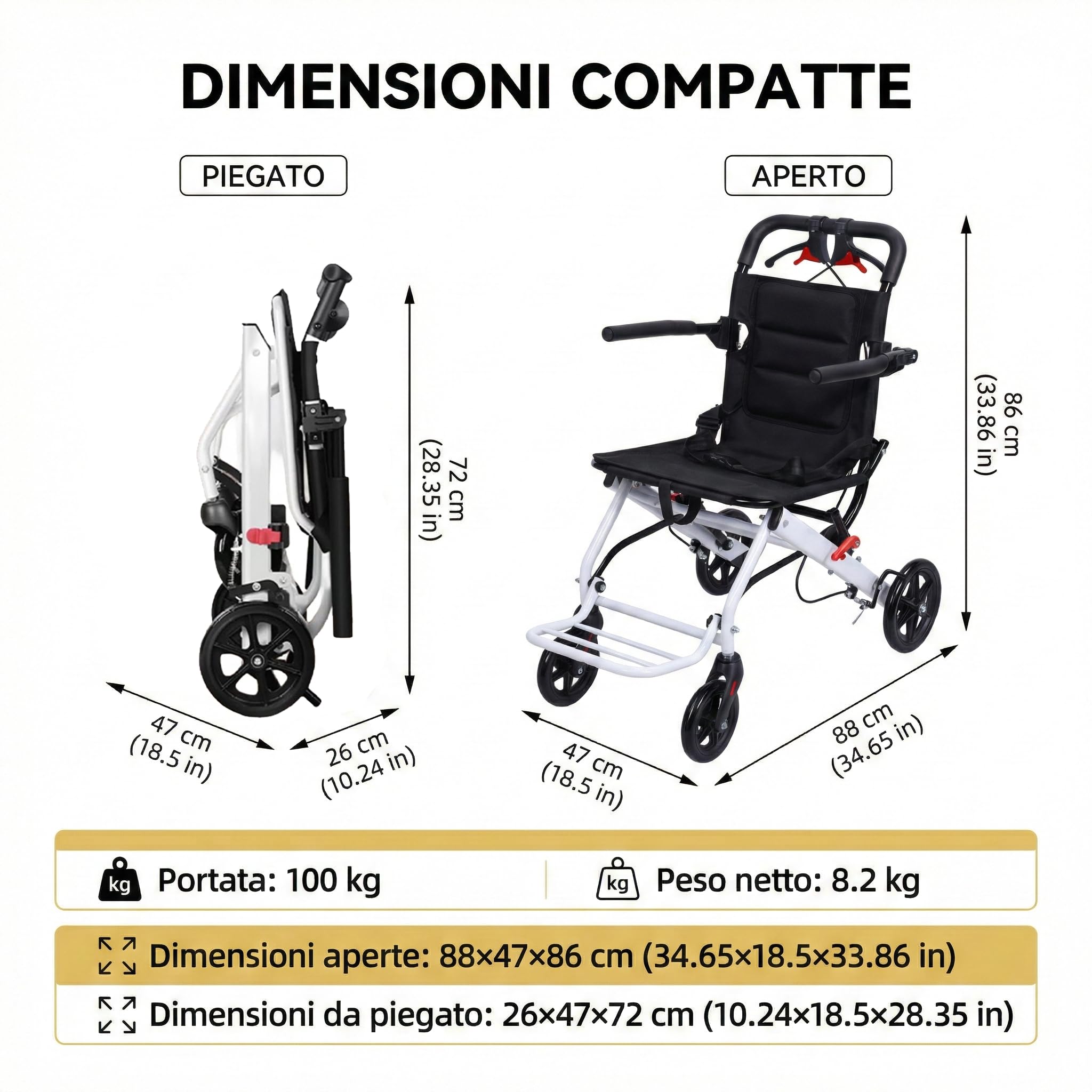 Sedia a rotelle pieghevole in carbonio leggero, sedia di mobilità da viaggio con freno ergonomico, design compatto 8,2 kg e ruote in PU stabili, uso interno esterno, aiuto portatile per anziani