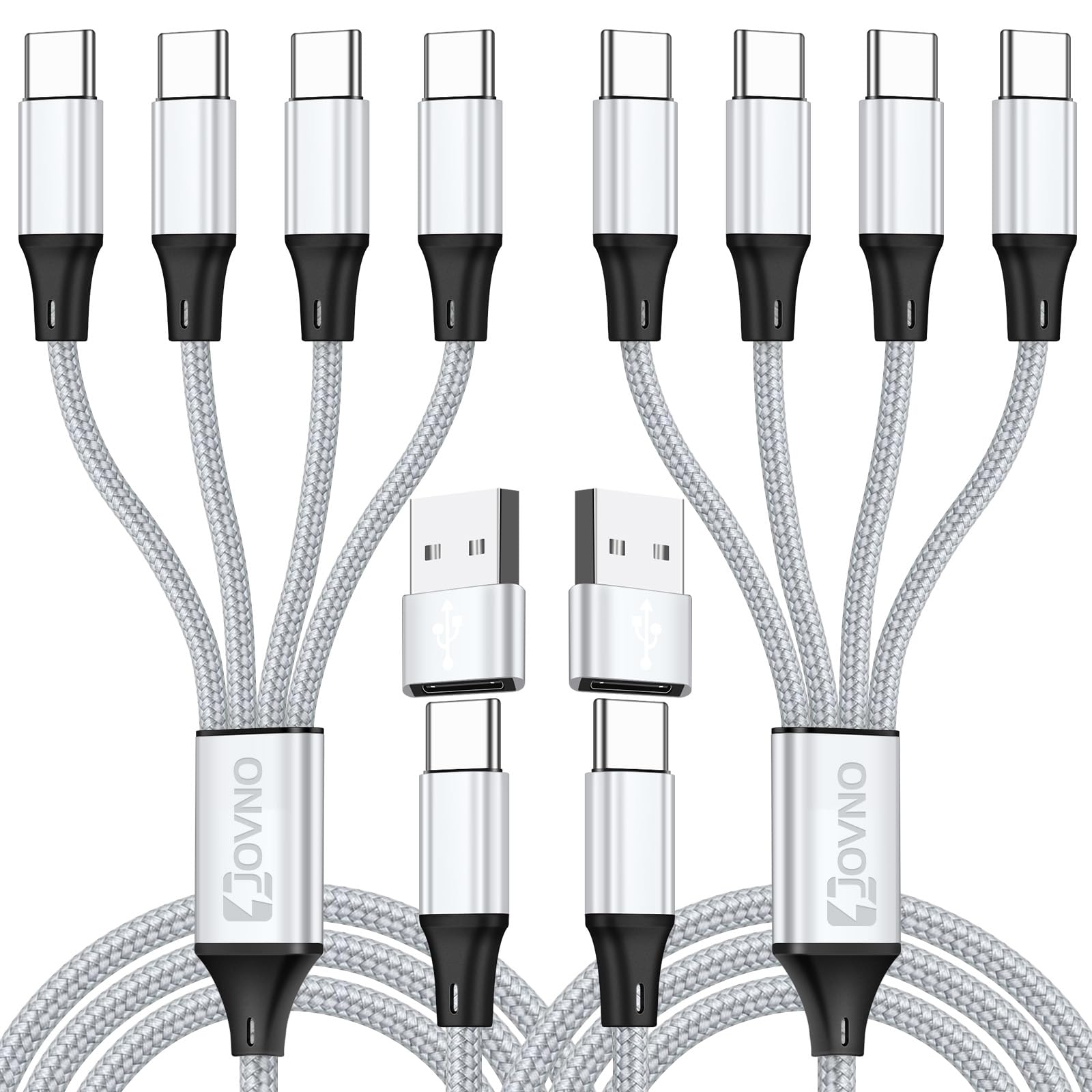 Jovno【2本セット 1.2m】USB A/C to Type C タイプc ケーブル PD+QC対応 3.1A急速充電 4in2 充電ケーブル 4 USB Cポート 同時給電可能 ナイロン編み iPhone 15/Plus、15Pro、15 ProMax、iPad mini6、iPad Pro/Air、Galaxy S24、S23、S22/Ultra Pixel、Sony等Type-c機種対応