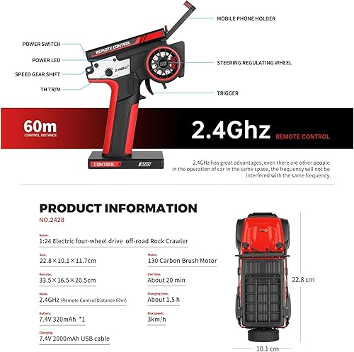 Miniatura 5 de 1/24 RC Truck 2428 4WD Electric RC Rock Crawler con luz LED 130 Motor de cepillo de carbono 3KM/H Todo Terreno Off Road Racing Car para Navidad,