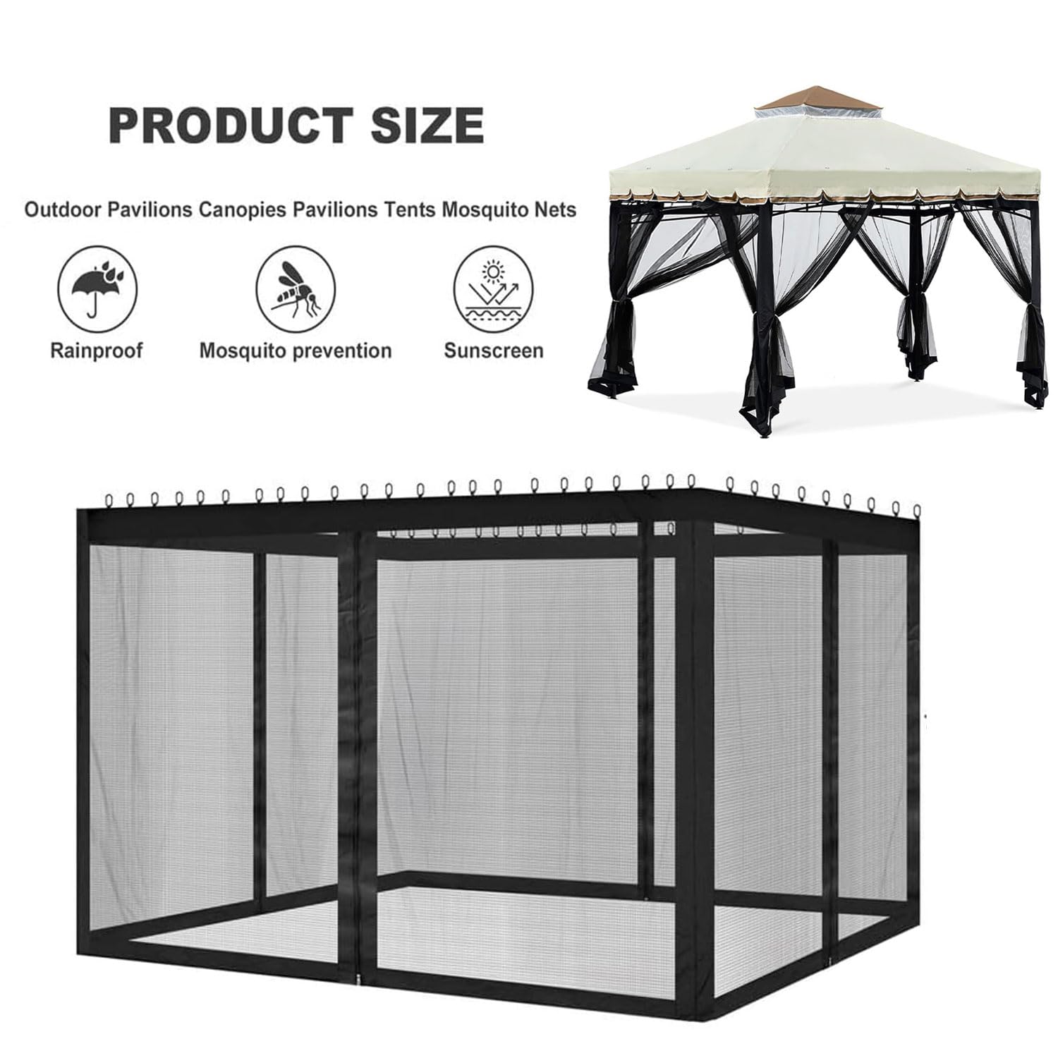 Moustiquaire pour Tonnelle et Gazebo 4 Panneaux Rideau Filet de Protection Universel avec Double Fermeture Éclair Anti-Moustiques pour Jardin, Terrasse, Patio, Auvent et Pergola(Gris, 300 * 300CM)