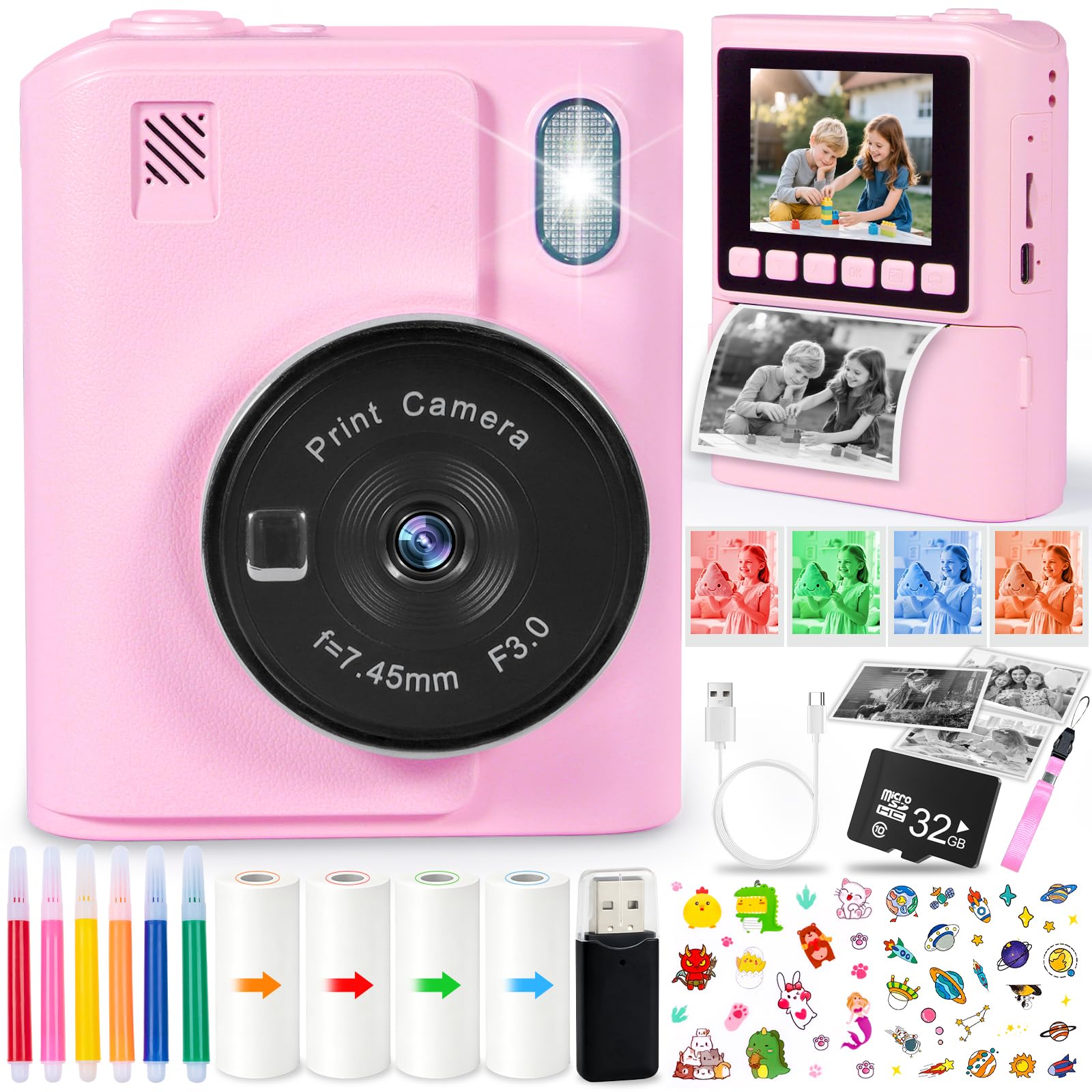 Instant Children's Photo Camera, 2.4 Inch 1080P Instant Photo Camera with 32G Card and 3 Rolls Printing Paper, Gift for Children Ages 3-12