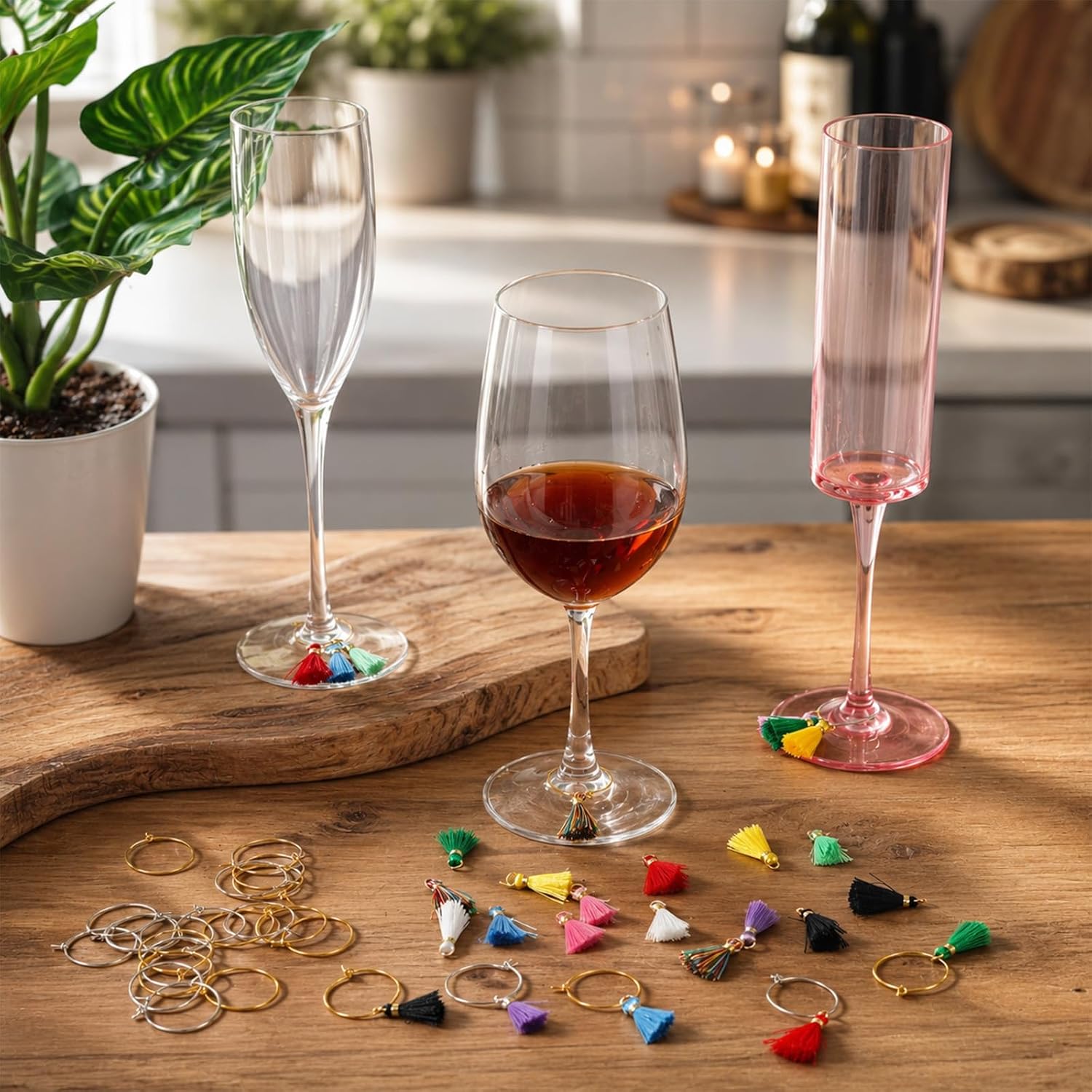 90 Pcs Wine Charms Wine Glass Charms Kit Including 60 Gold Silver Wines Glass Rings 30 Colorful Tassel Reusable Drink Marker Tags with Storage Box Glasses Identifiers for Party Decorations