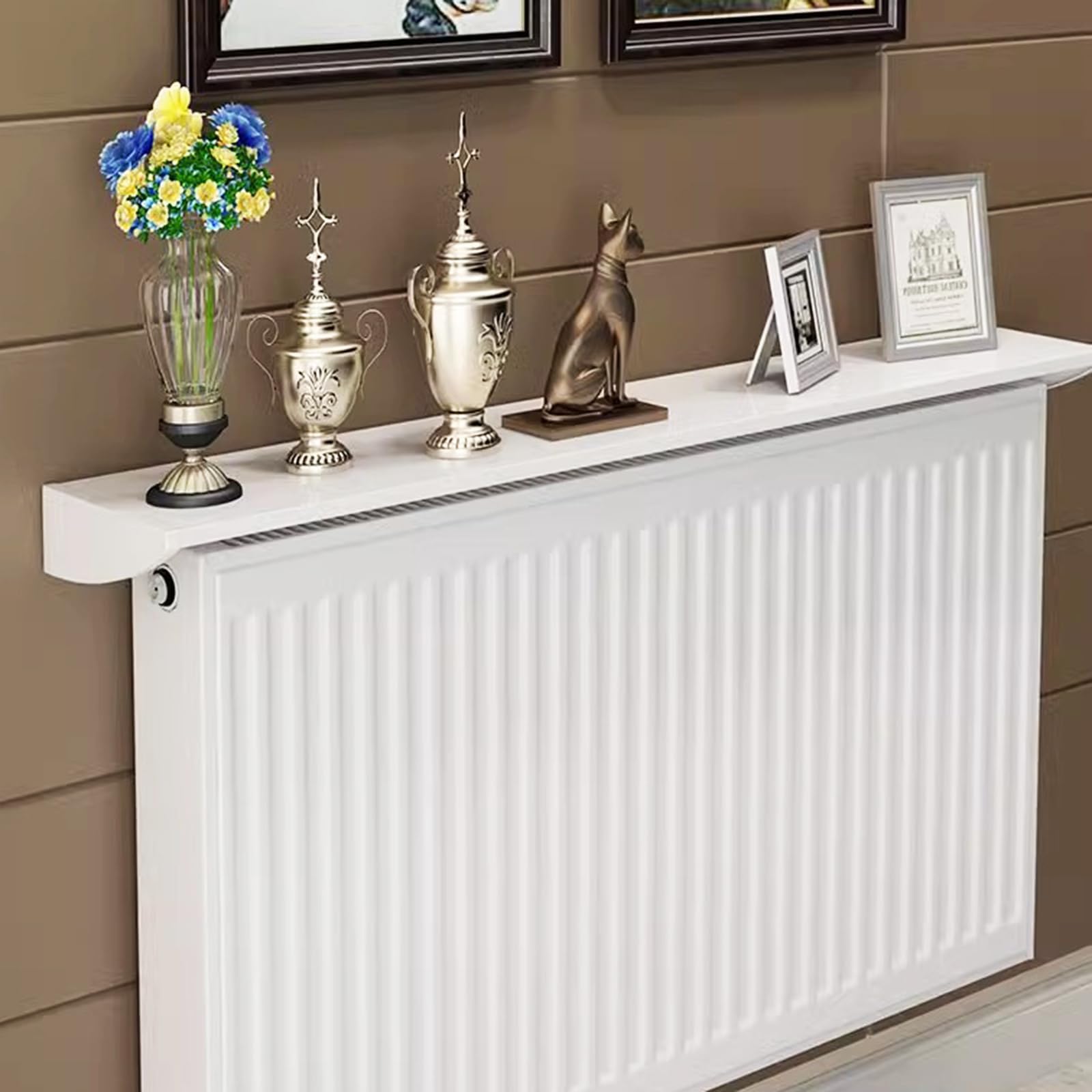 Floating Radiator Shelf White 120cm Length 15cm Width Slim Design Aluminum Alloy Material No Drilling Required Storage Rack for Heater Cover Bearing Weight up to 28kg.