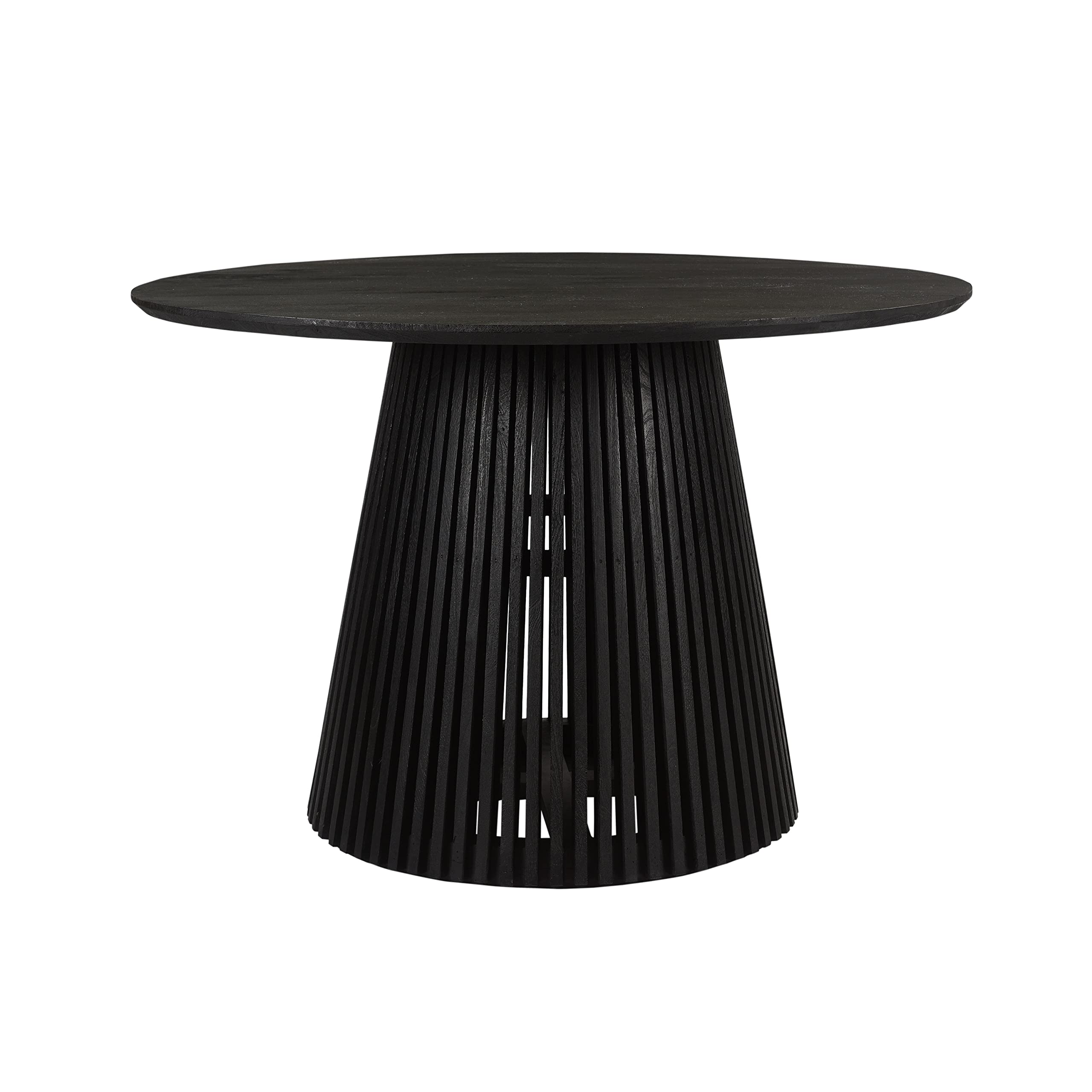 The Urban Port Ridge 47-Inch Handcrafted Mango Wood Round Dining Table, Slatted Flared Base, Black