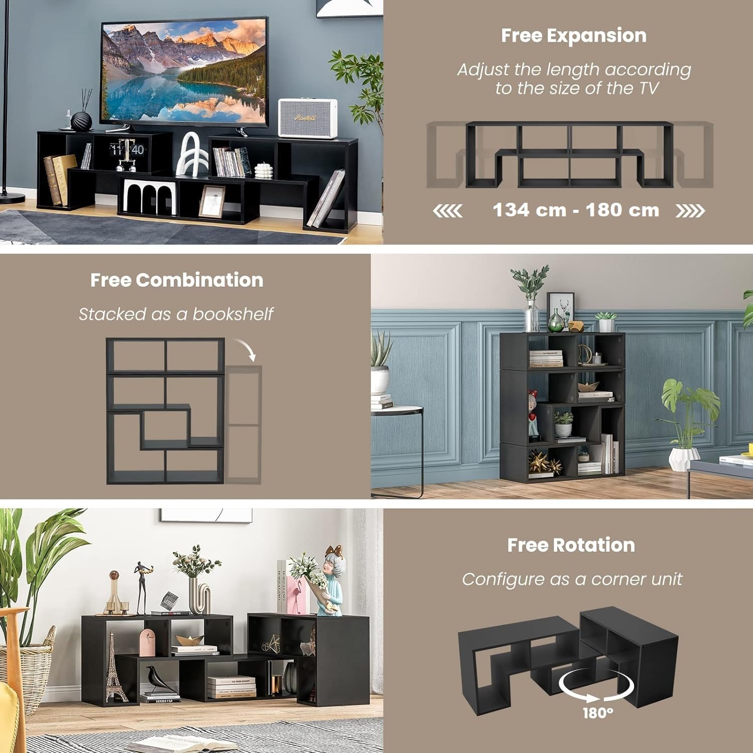 GIANTEX Mobile TV con Ripiani Aperti, Supporto per TV Moderno Fino a 65 Pollici, Ideale per Soggiorno,Camera, 2 Colori,134-180x30x43 cm (Nero)