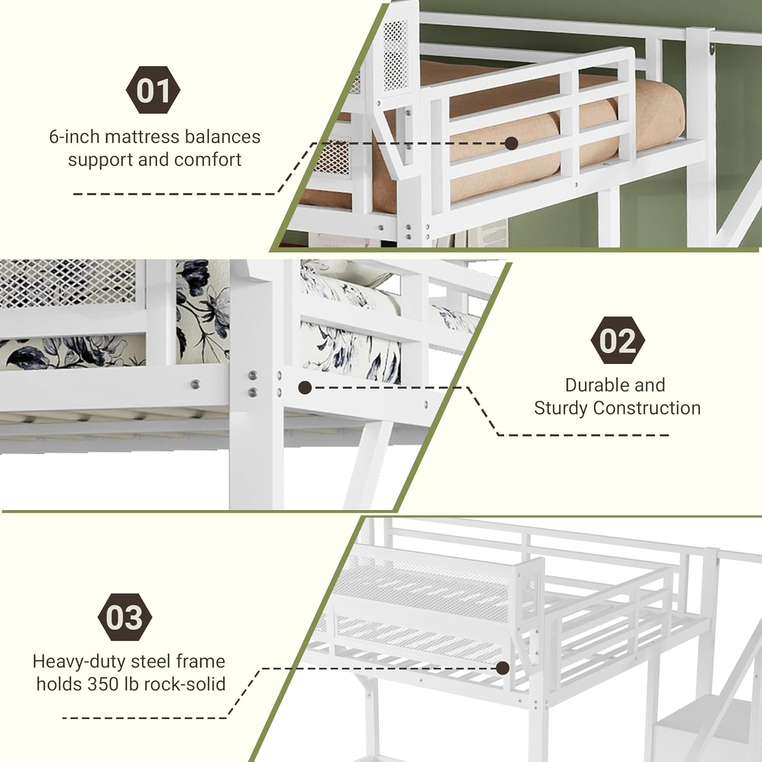 Close-up view of the loft bed's metal frame and mattress support slats.