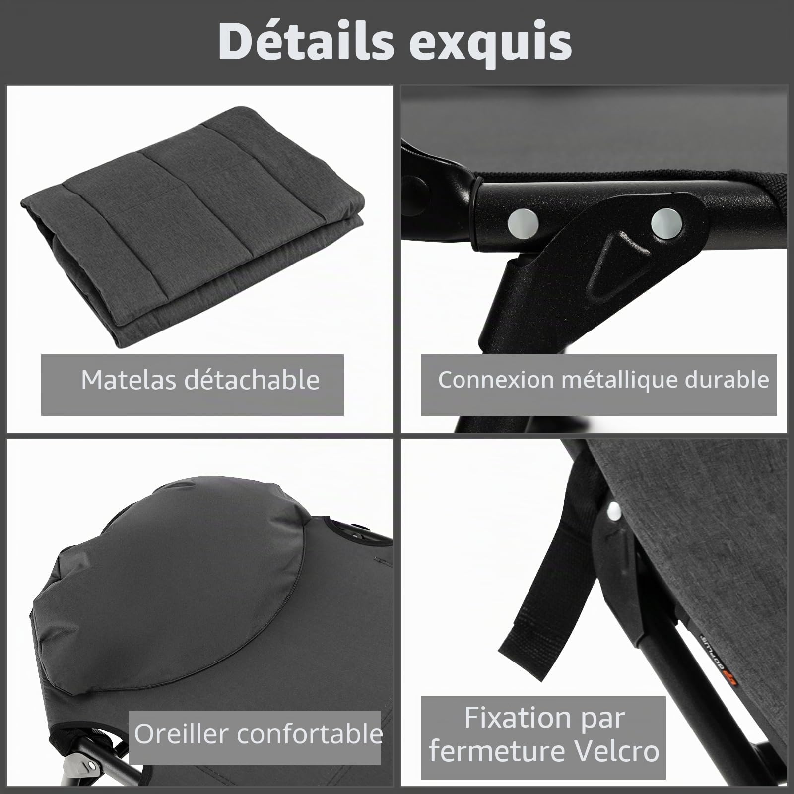 KOMFOTTEU Lit de Camping Pliant, Dossier 6 Positions, Matelas Amovible