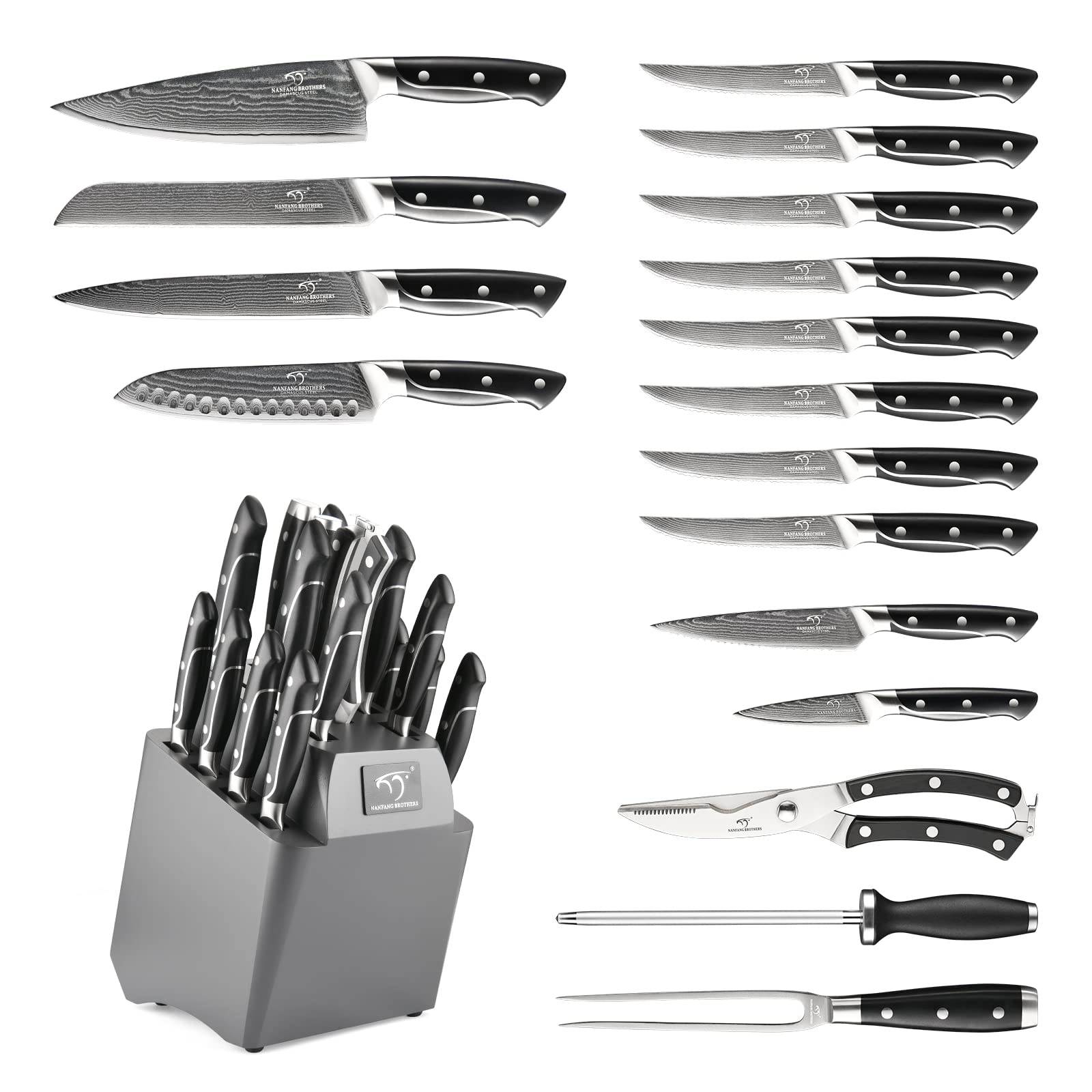 Set De Cuchillos De Cocina De Acero De Damasco Con Mangos Martillados Y Bloque De Madera, Conjunto De 18 Cuchillas De Cuchillos De Acero De Damasco Superior Cuchillo De Cocina Afilado Damasco