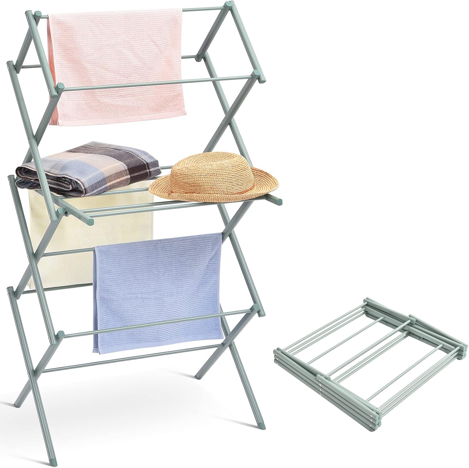 TOOLF Clothes Drying Rack, Foldable Laundry Drying Rack, 3-Tier Collapsible Clothing Dryer, Mteal Towel Rack for Air Drying Clothing, Bed Linen, Clothing, Socks, Scarves, Green