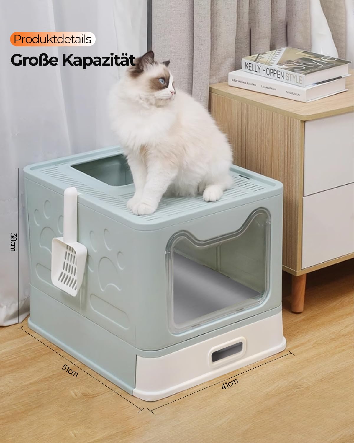 2er Set Katzenklo mit Deckel, ausziehbares Edelstahl Tablett und Katzenklo Schaufel, hop in Katzenklo XXL Katzentoilette geschlossen geräumig katzenklo groß für Katzen bis 15 kg