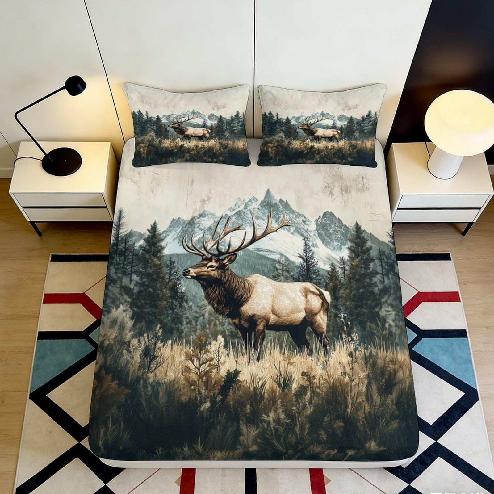 3D Printed Elk Forest Fitted Sheet Microfiber Mountain Landscape Bed Cover for Bedroom Guest Room Decor Mattress Protection 90x200x25cm