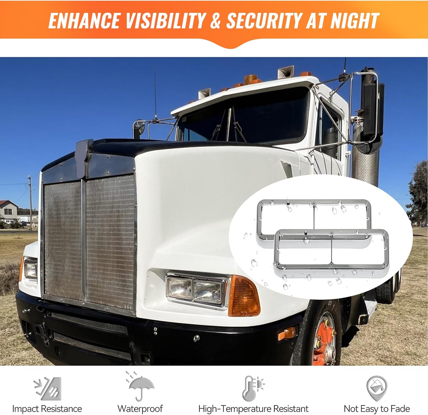 Chrome Headlight Bezel Compatible with Kenworth T400 T600 T800 W900 K100 C500 Peterbilt 378 379 Western Star 4900 Freightliner FLD Classic XL Driver and Passenger Side Semi Truck Accessories