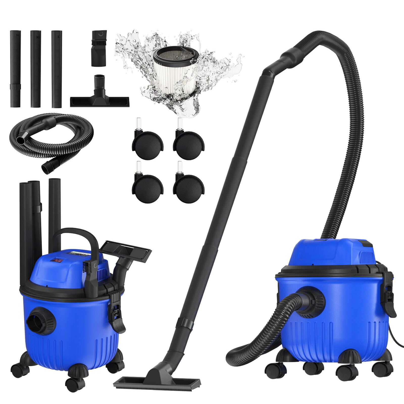 Lucn Large Wet and Dry Corded Vacuum Cleaner Universal Vac Strong Suction 4800W 3in1, Container: 15 Litre, Suction Hose: 1.5m, incl. HEPA filter, Floor Brush and Crevice Nozzle