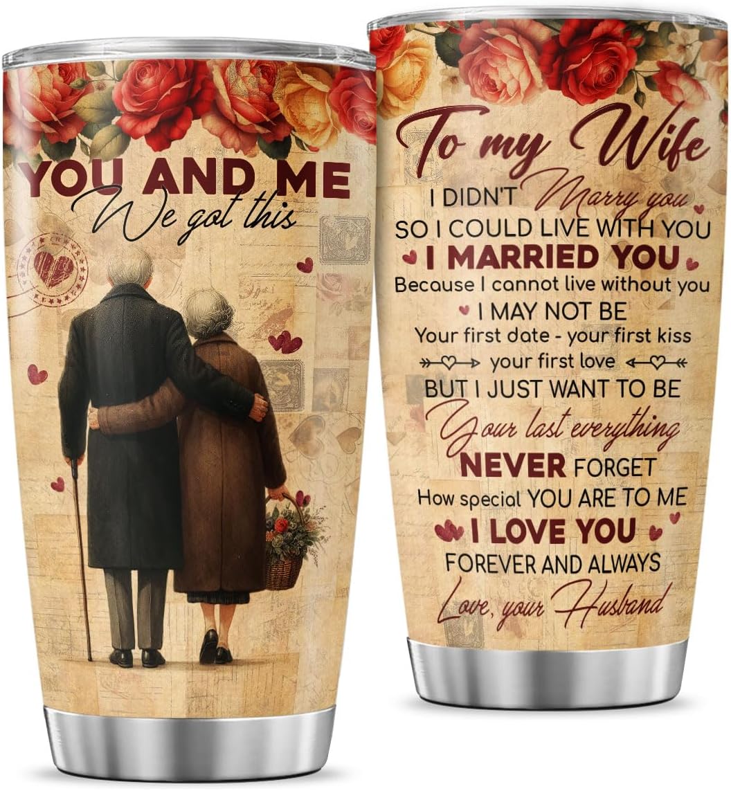 Romantic Gift for Wife with Poem Design, 20oz Insulated Stainless Steel Tumbler for Anniversary Birthday, Thoughtful Present from Husband with Vintage Art and Love Message