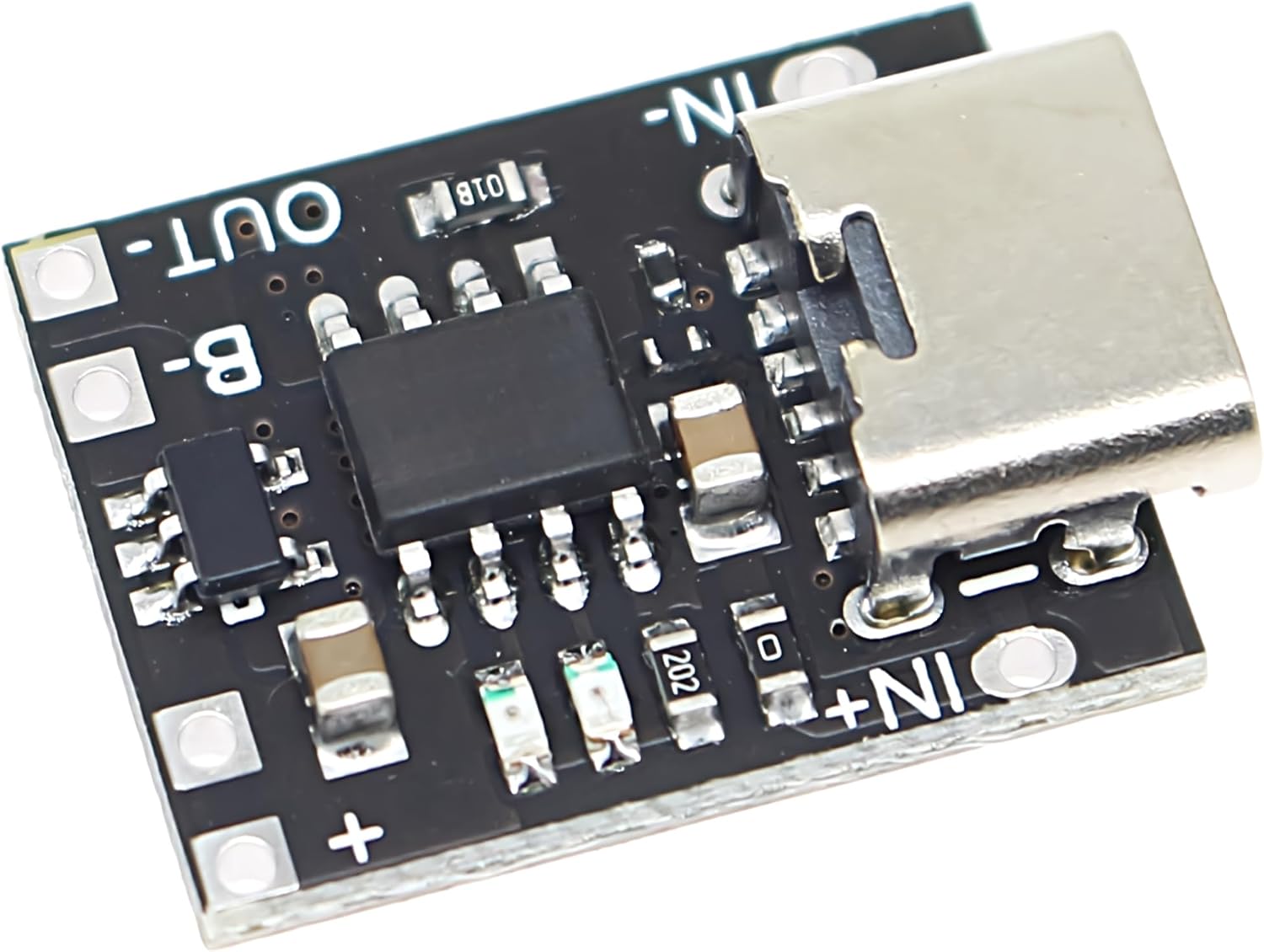 Angled view of the JacobsParts charger board showing IN+, IN-, B+, and OUT+ connection points.