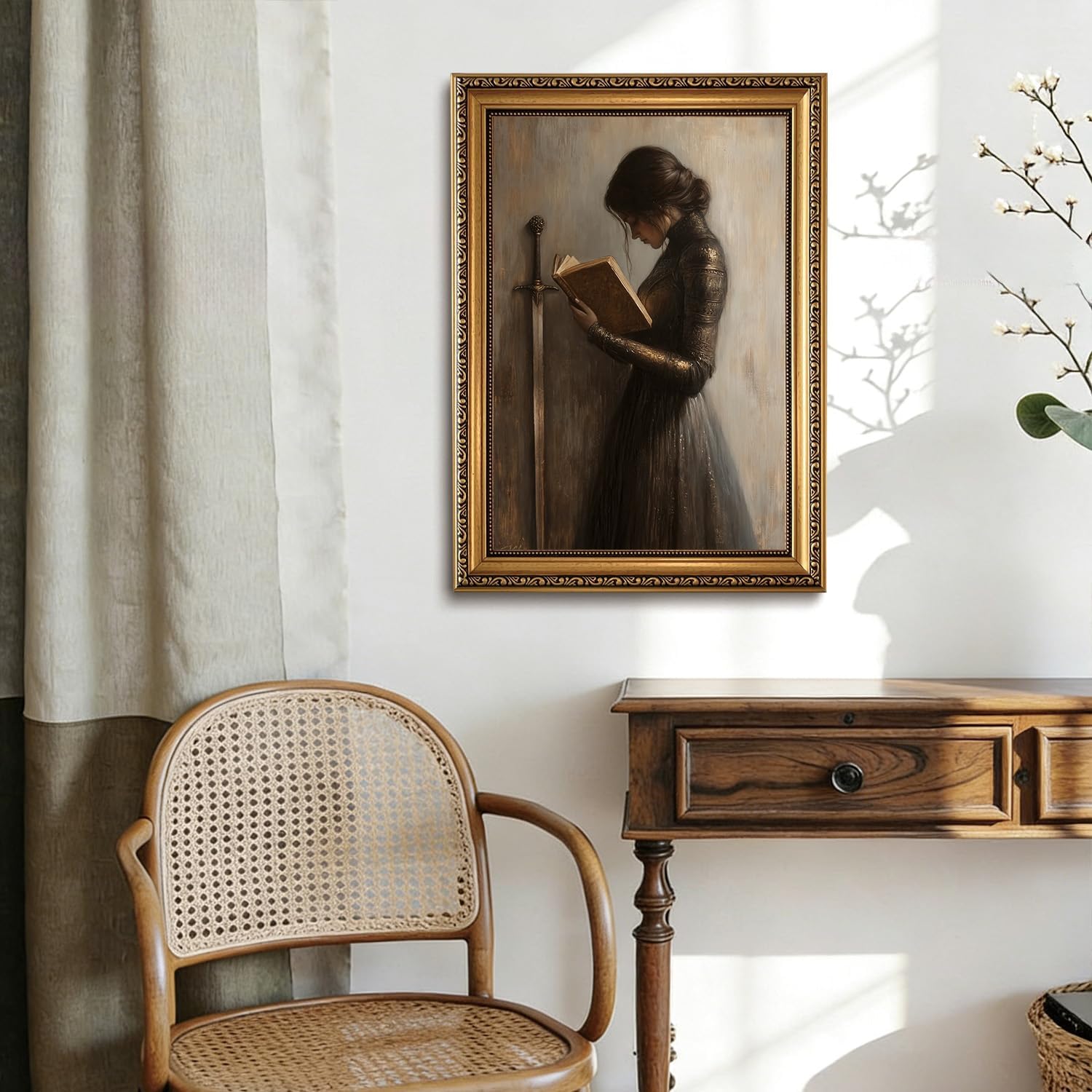 Sereneframo Art Vintage Gold Framed Wall Art Dark Academia Wall Decor Medieval Knight Canvas Prints Woman Reading Book Painting Feminist Pictures Artwork for Living Room Bedroom 16x24in