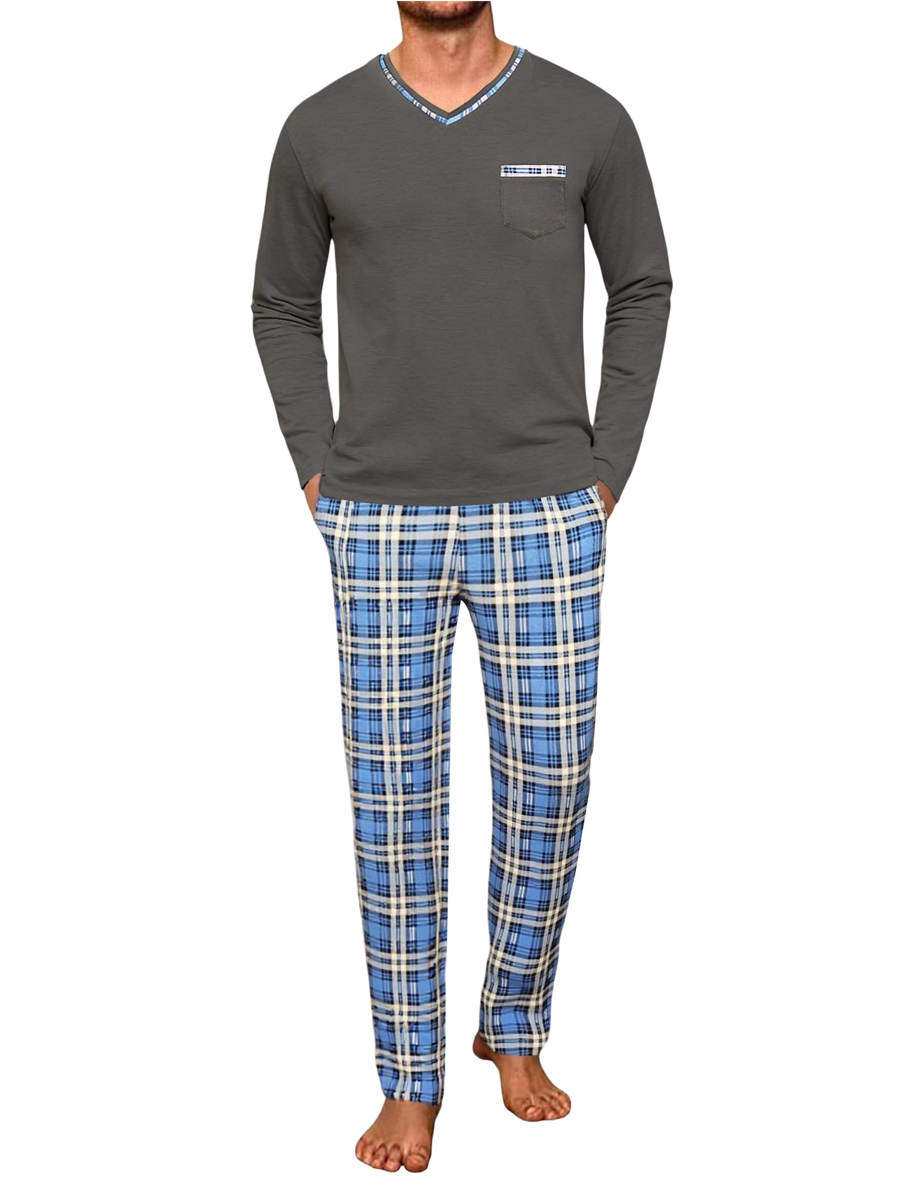 Demegimi Herren Schlafanzug Lang Winter Baumwolle Kariert Pyjama Set Weicher Hausanzug, mit V-Ausschnitt Langarm Shirt & Schlafanzughose