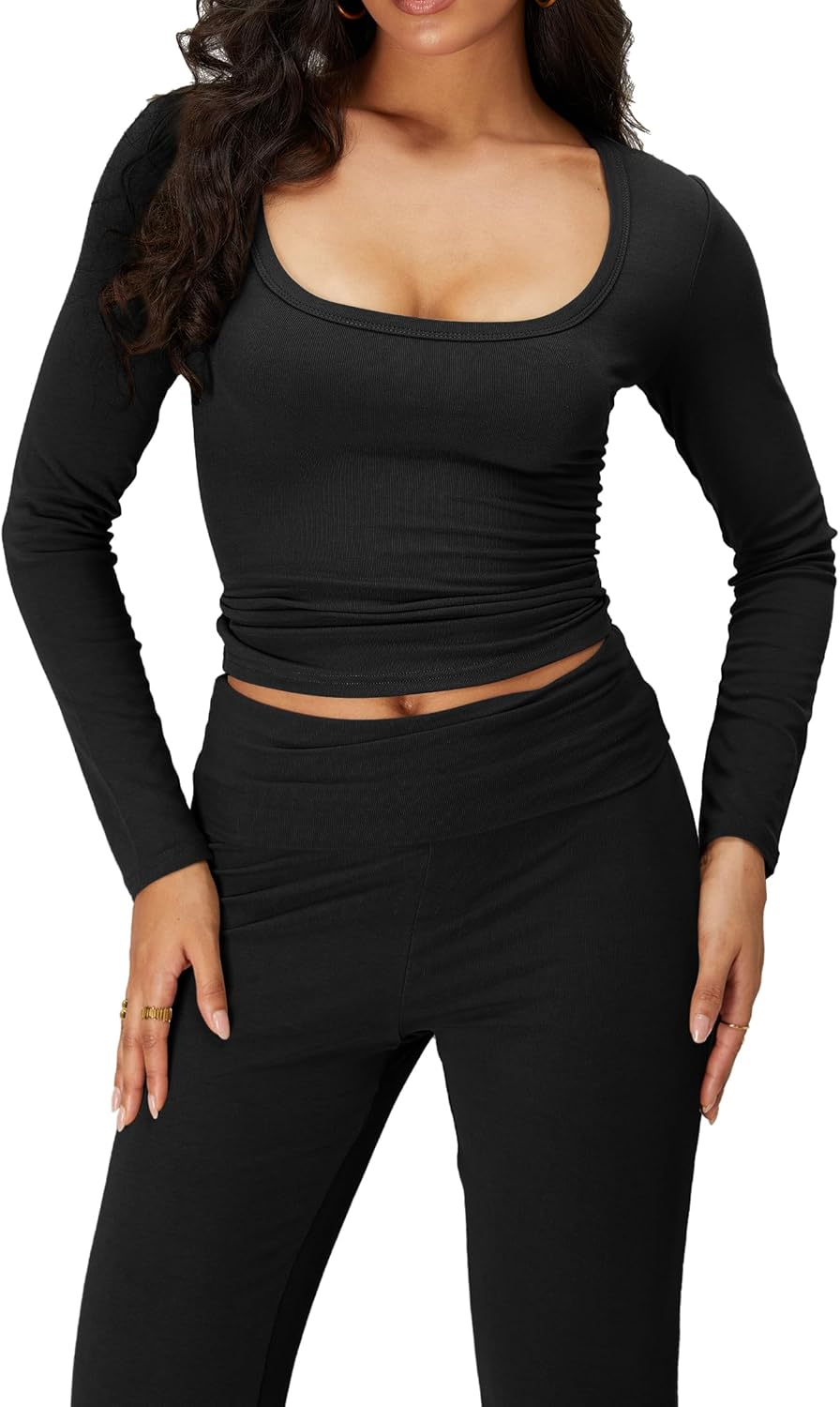 iGENJUN Women's 2 Piece Sets Long Sleeve Square Neck Low Rise Flare Leggings Sets Yoga Sweatsuit Tracksuits Lounge - Image 4